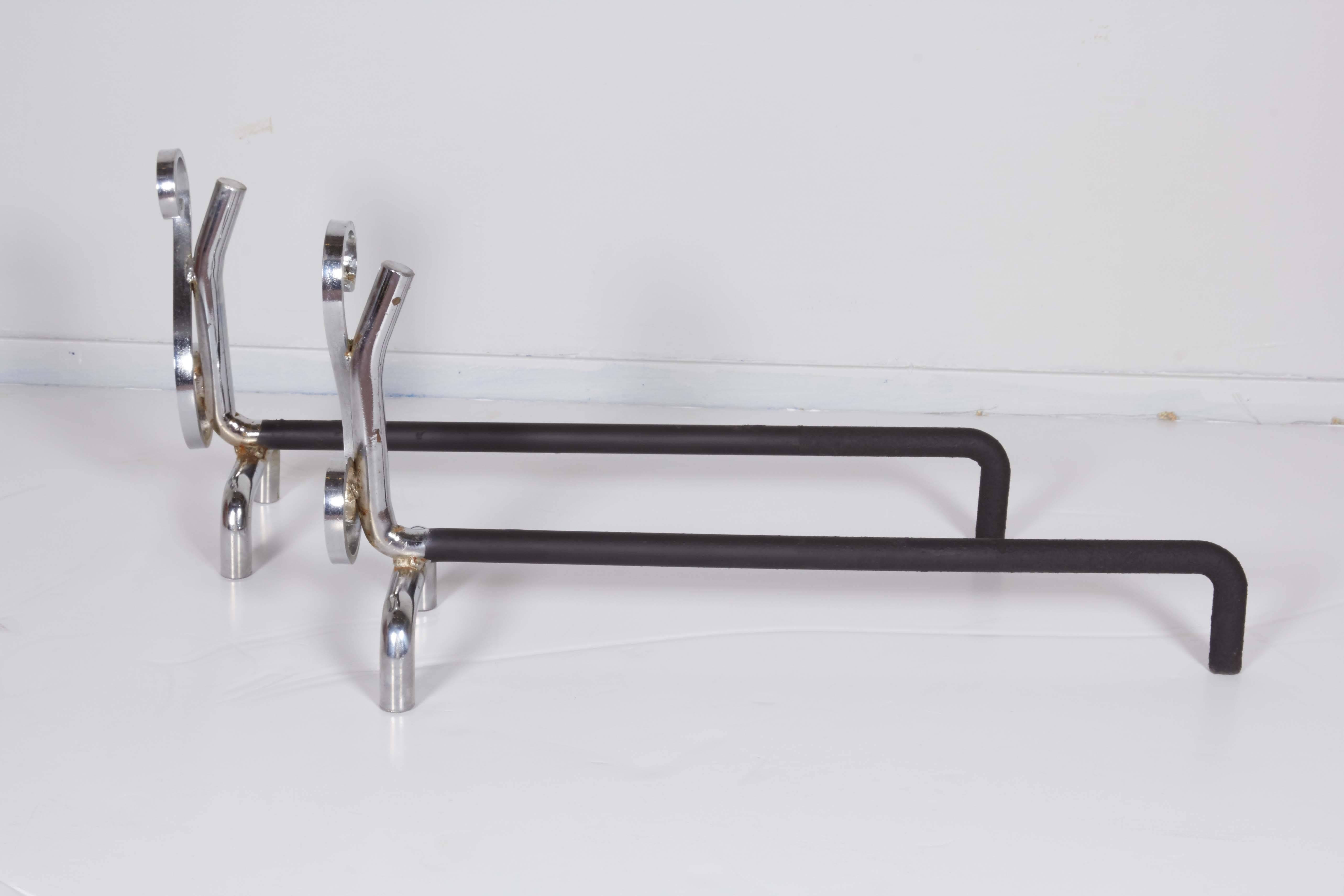 20th Century Mid-Century Andirons with Musical Note Motif and Chrome Finish
