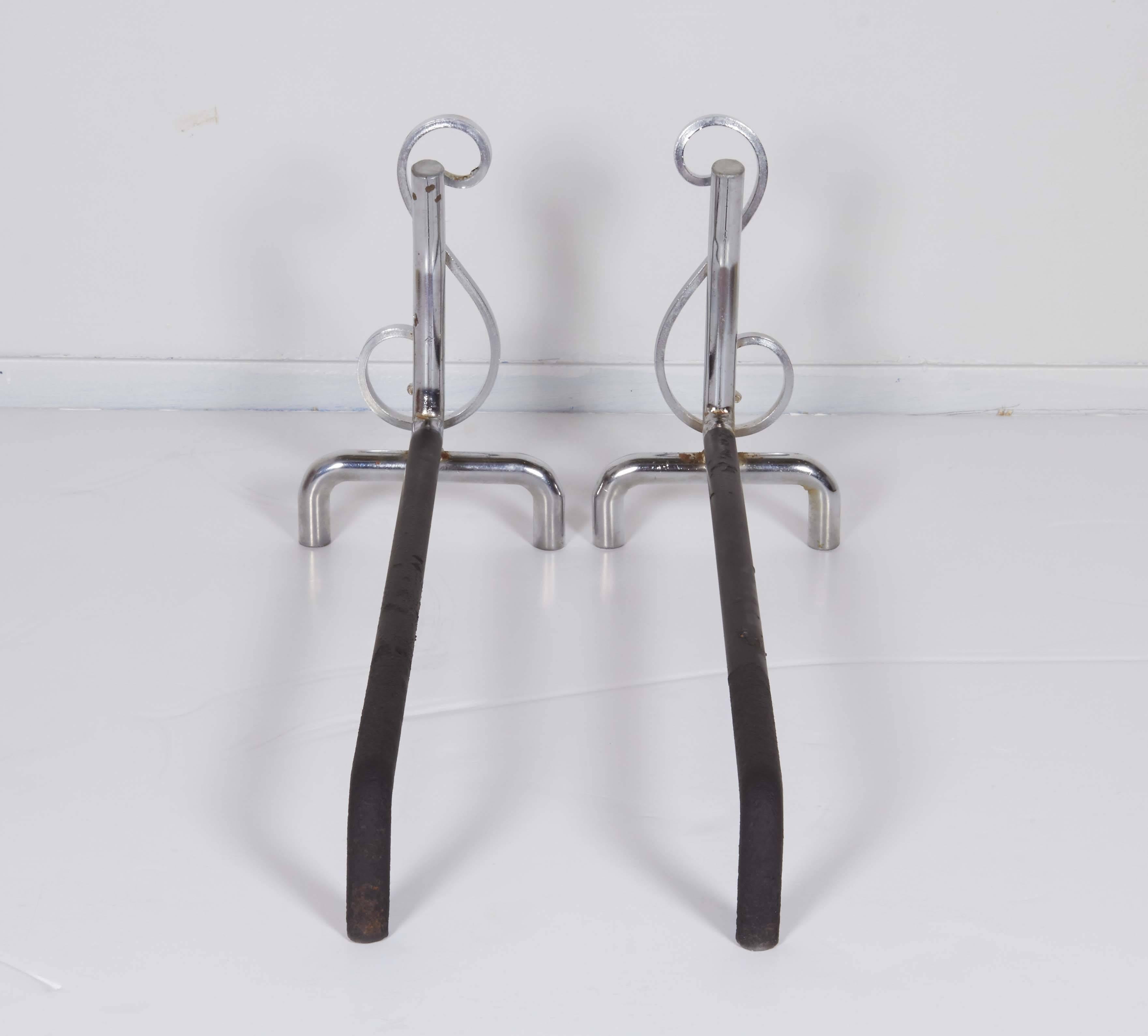 Mid-Century Andirons with Musical Note Motif and Chrome Finish 3
