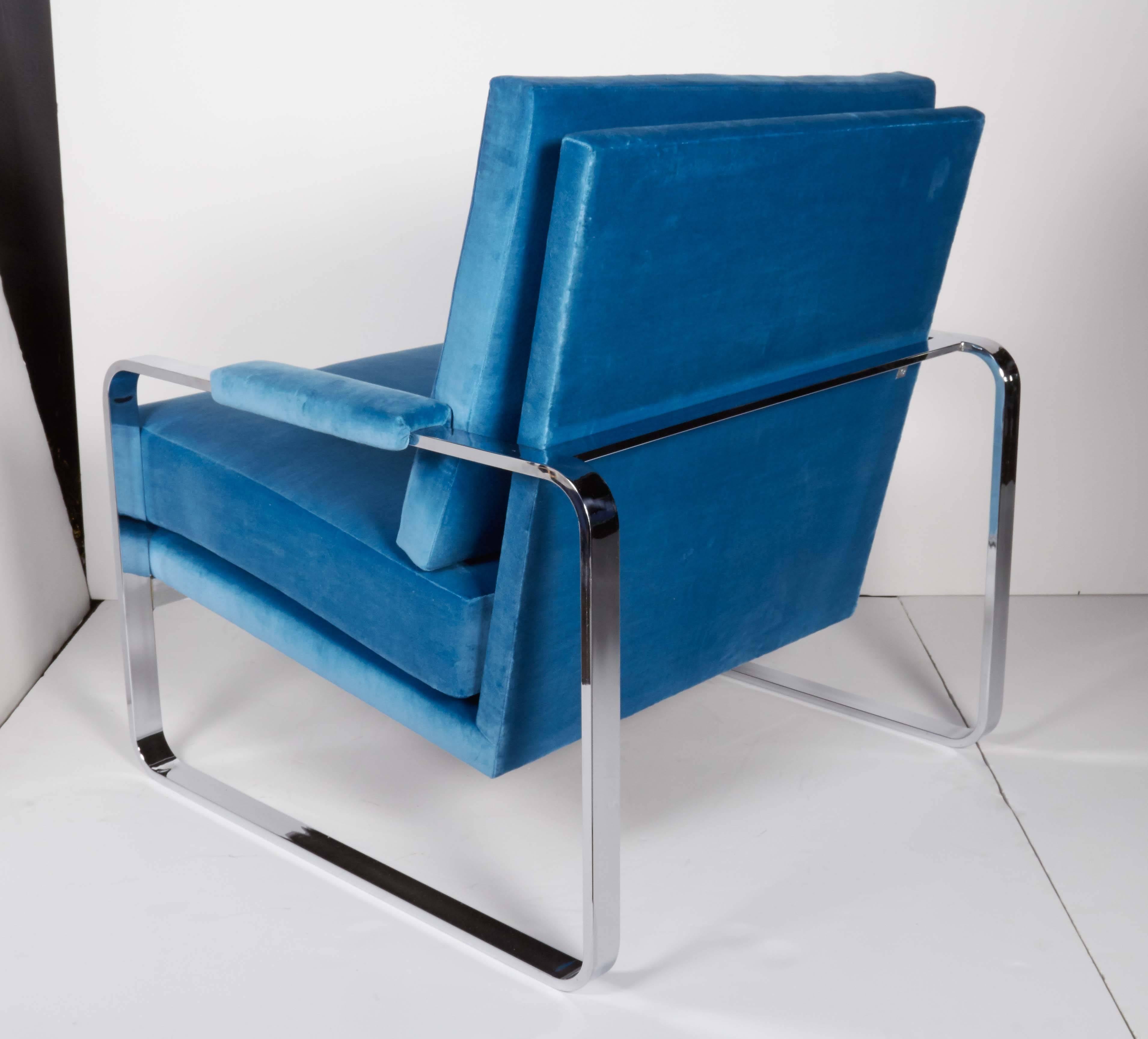 American Pair of Lounge Chairs in Cerulean Blue Velvet Designed by Milo Baughman