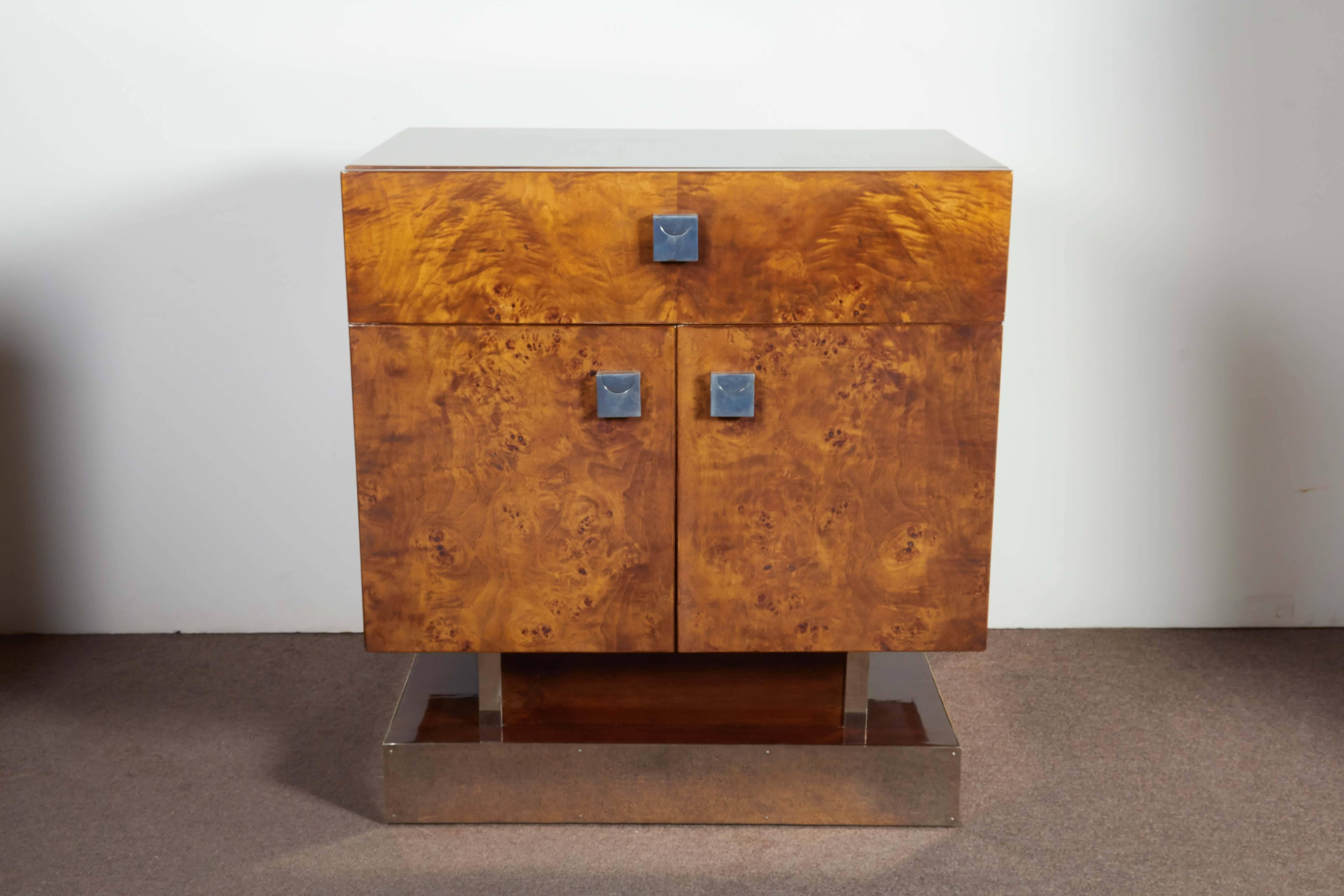 Mid-Century Modern Pair of Exotic Burlwood Side Tables Raised on Nickeled Pedestal Base