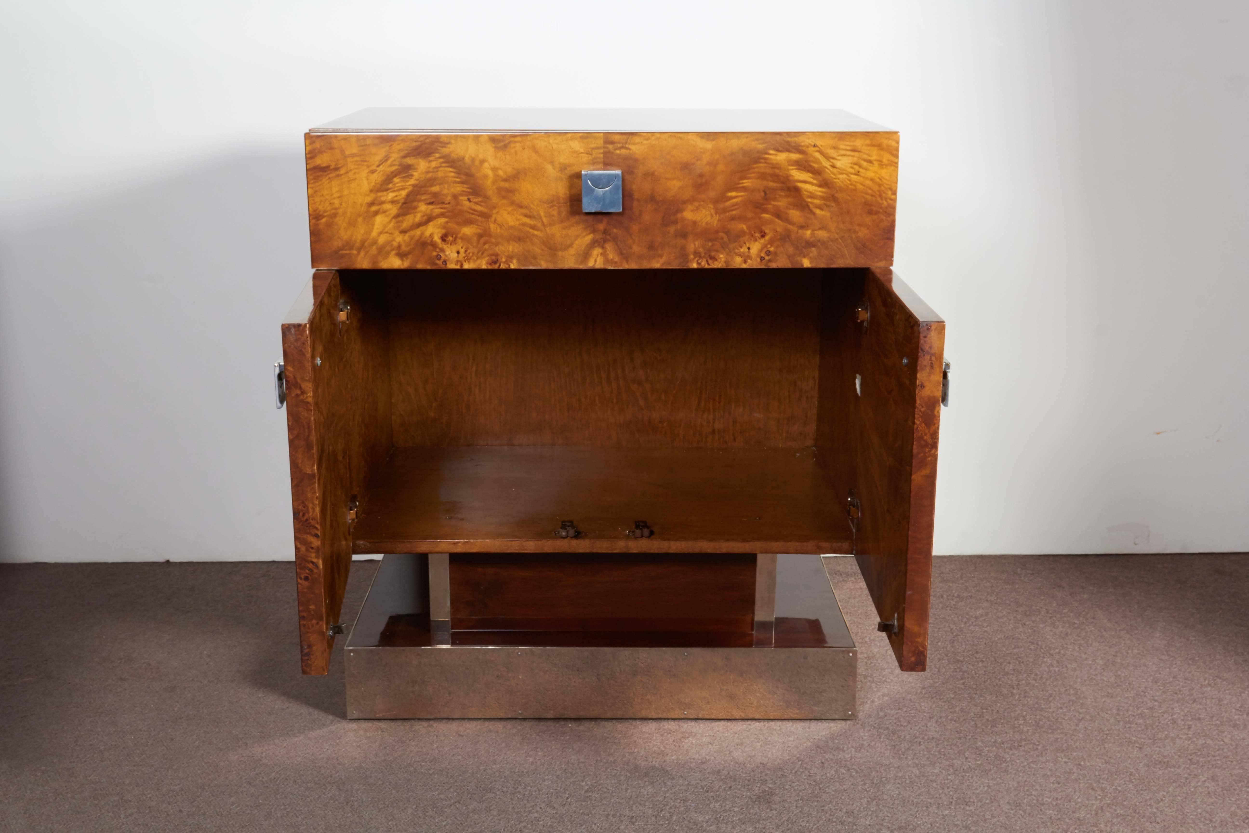 Pair of Exotic Burlwood Side Tables Raised on Nickeled Pedestal Base 4