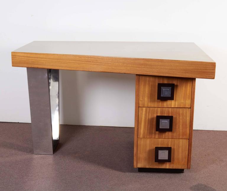 Modernist Blonde Mahogany Asymmetrical Partners Desk With Nickeled Mahogany Asymmetrical Partners Desk