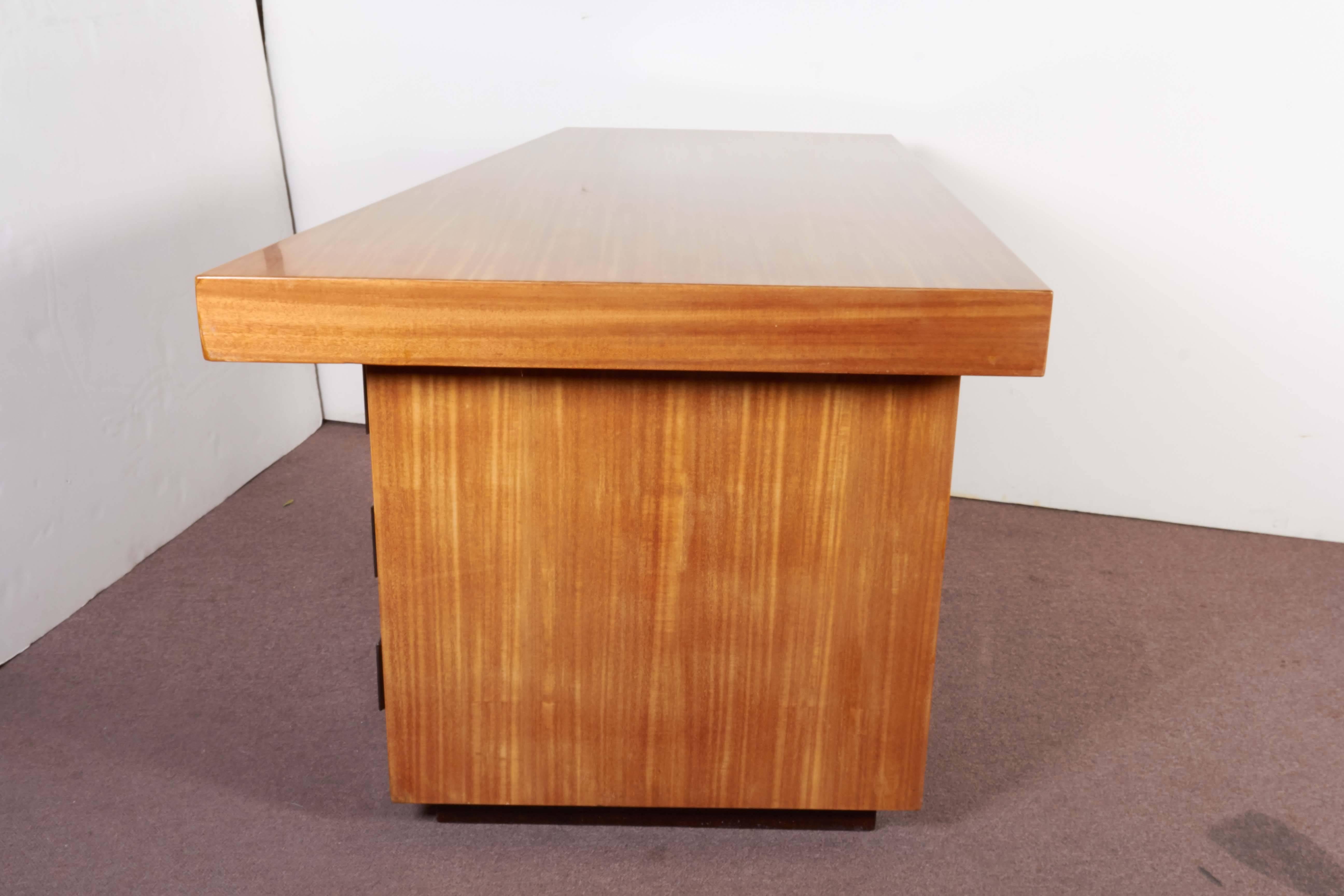 Modernist Blonde Mahogany Asymmetrical Partners Desk with Nickeled Detail 3