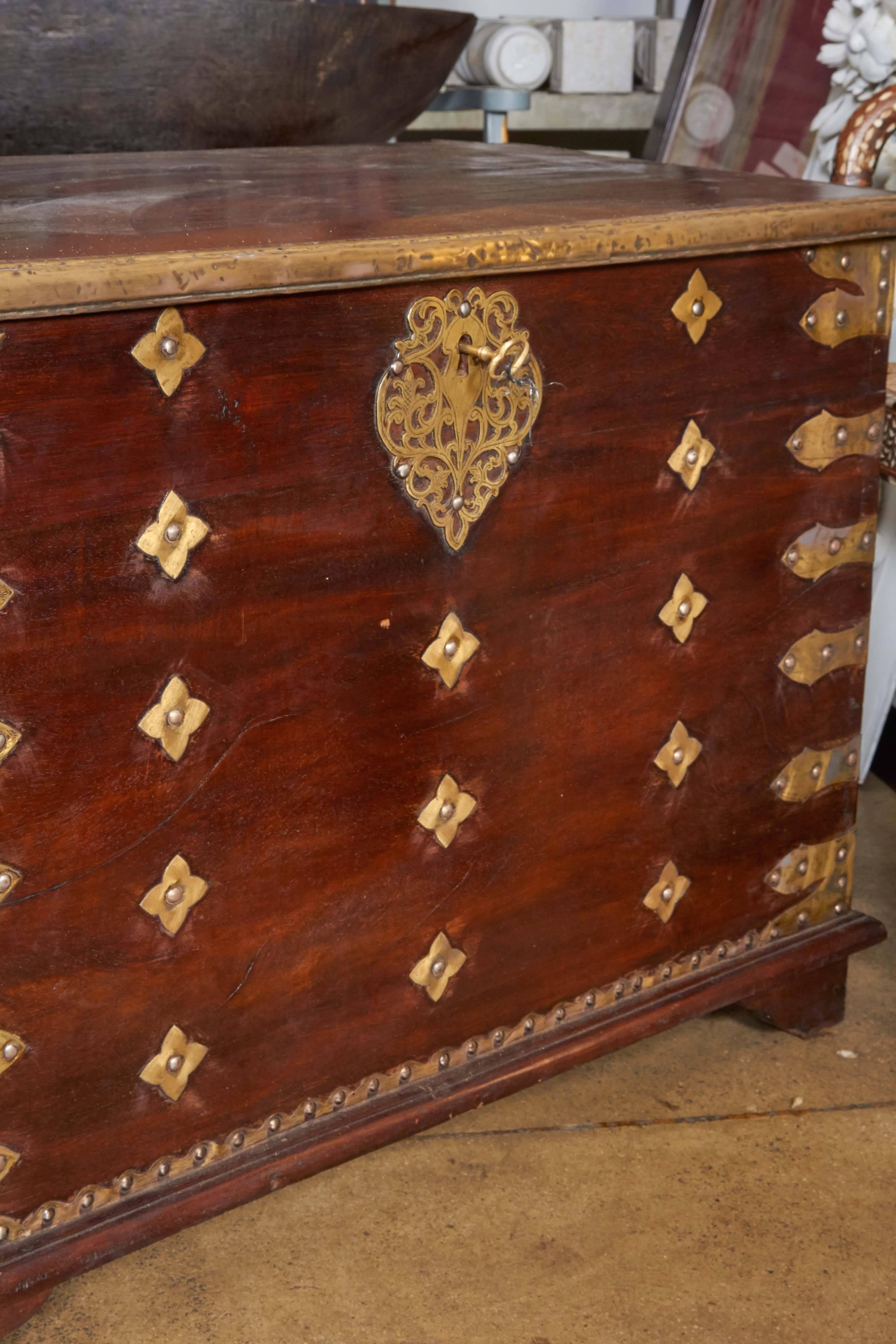 Brass Early 20th Century Polished Teak Trunk from Sumatra