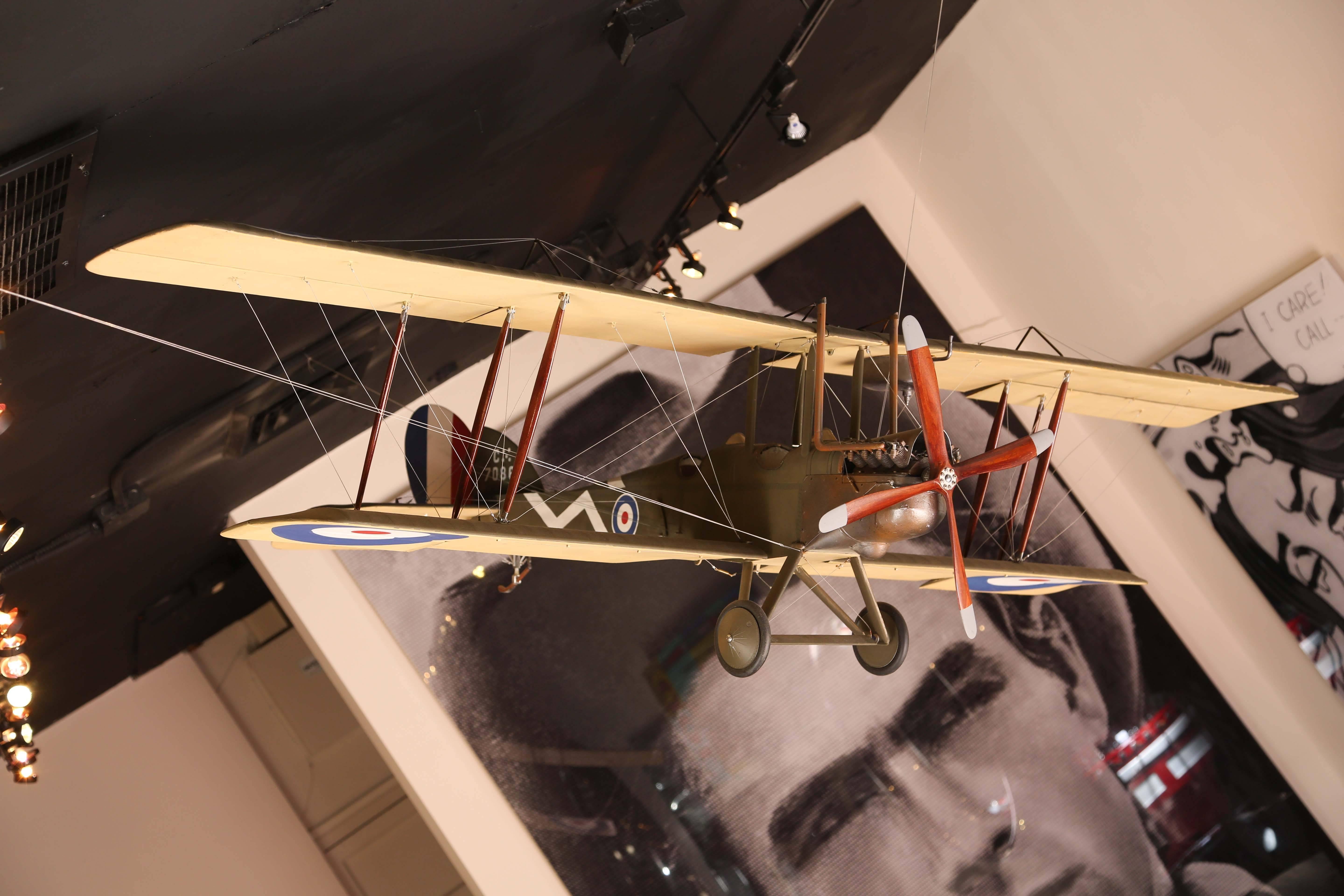 This is a large and exquisite hand-built model of a Royal Aircraft Factory BE2e variant airplane model. 

The model was hand-built in the Mid-Century and features a beautiful carved engine. This model was acquired in Europe and is a wonderful