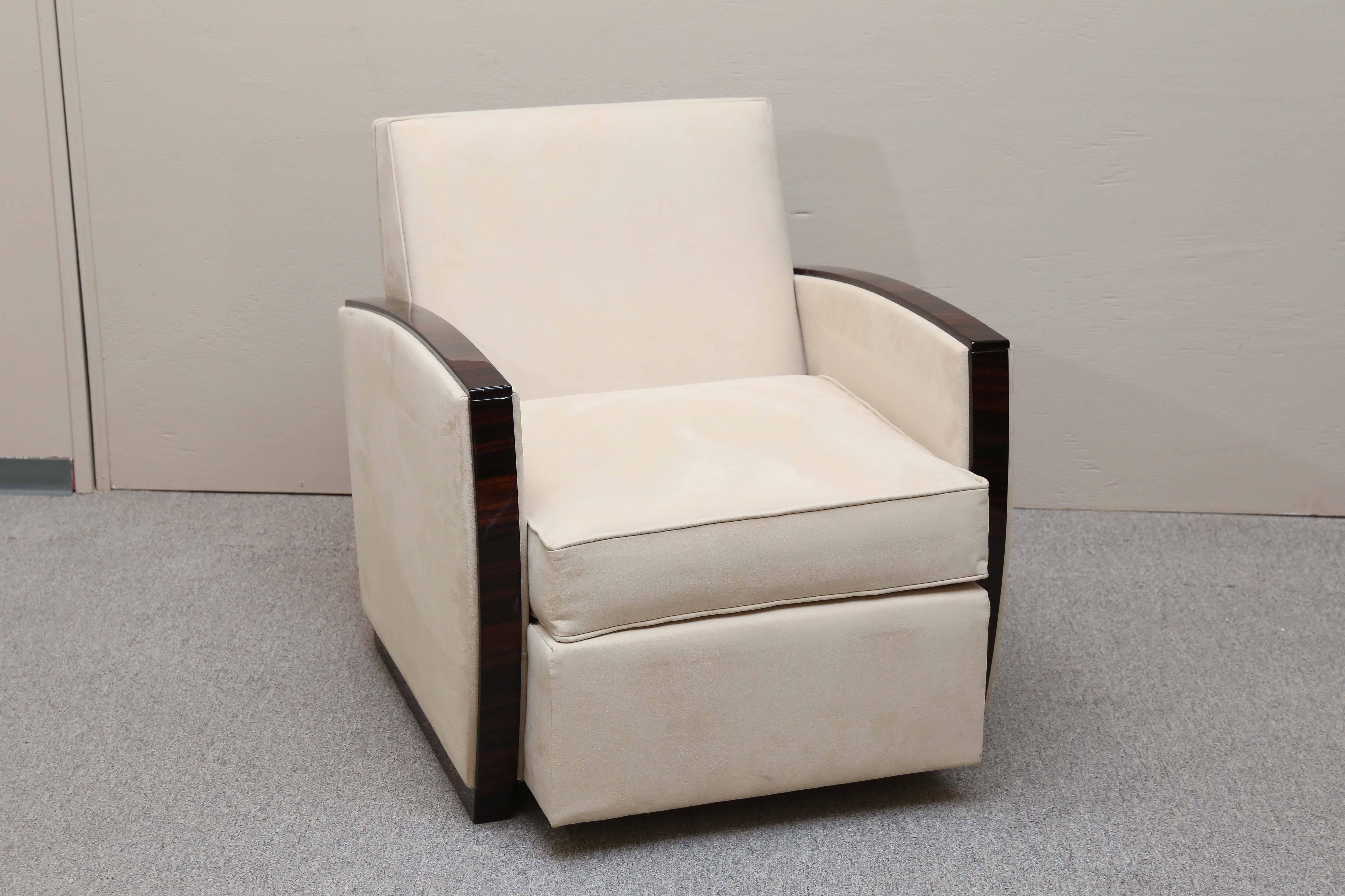 Newly re-upholstered chairs have wide armrests, that are decorated with Macassar wood. The back of each chair is inclined that provides extra comfort. The base of each chair is made out of Macassar wood.
 Excellent restored condition. 

 French,