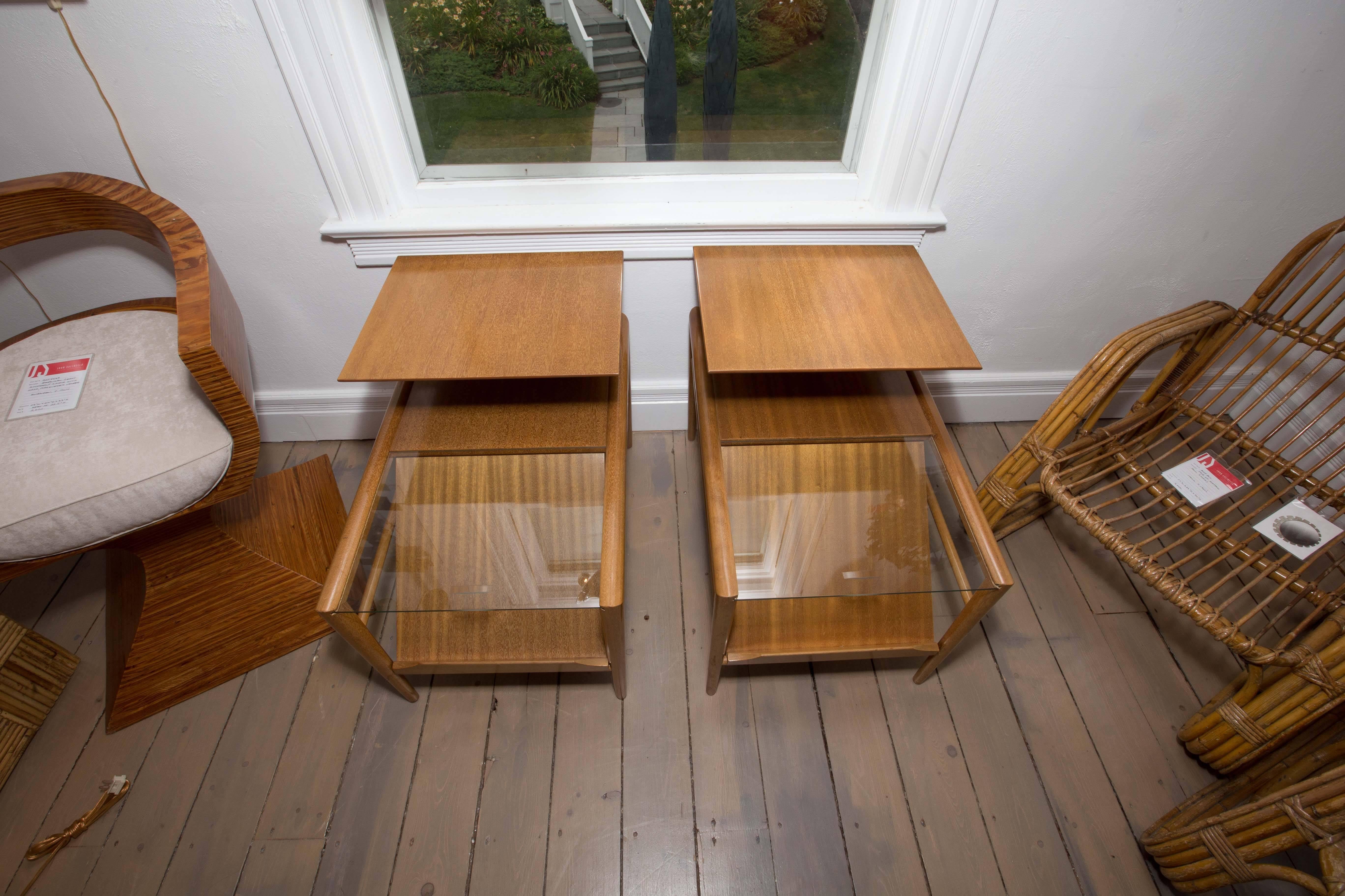 American Pair of Step End Wood Tables with Sliding Glass Feature by Saltman
