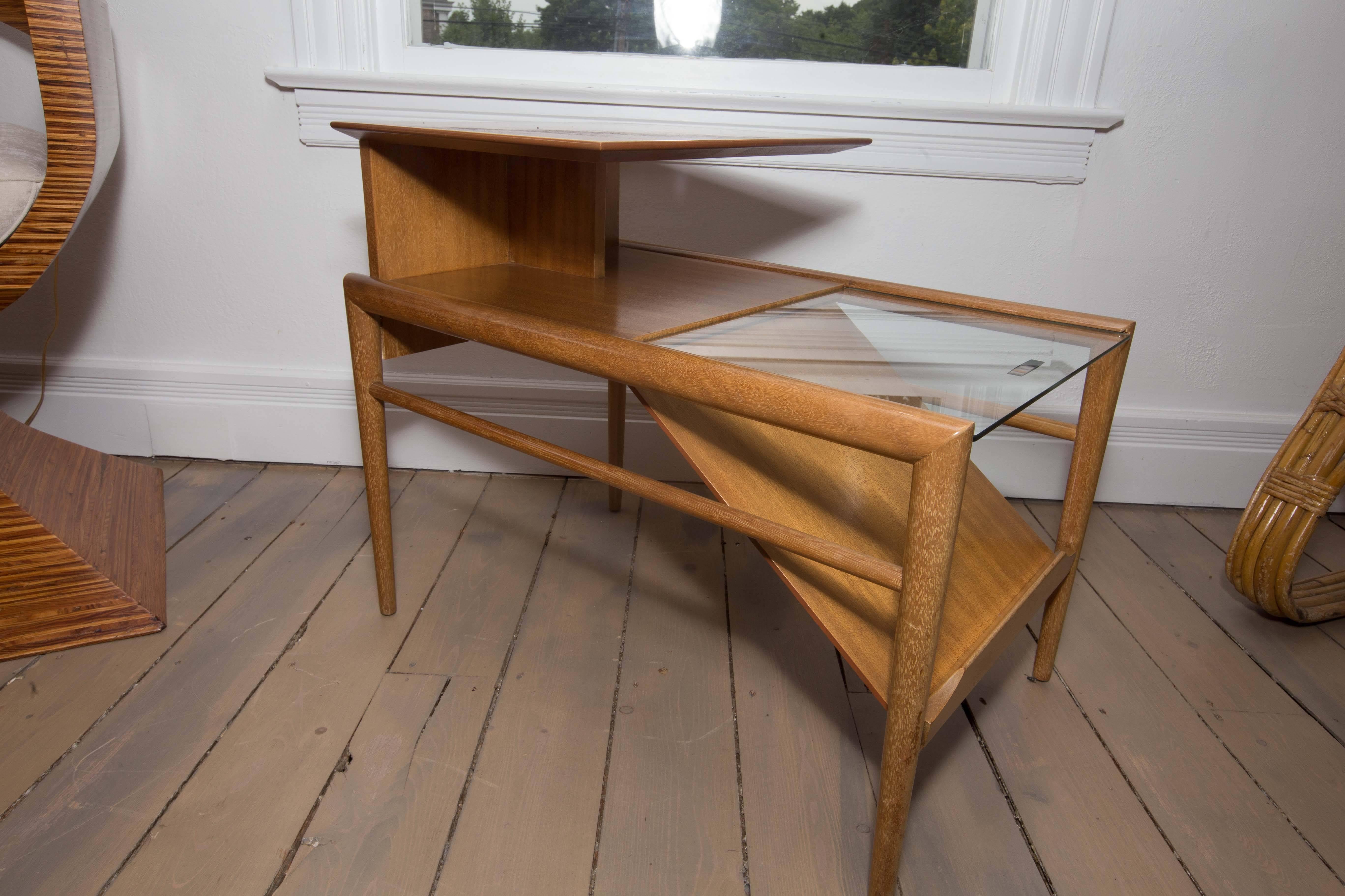 Pair of Step End Wood Tables with Sliding Glass Feature by Saltman In Excellent Condition In Bridgehampton, NY