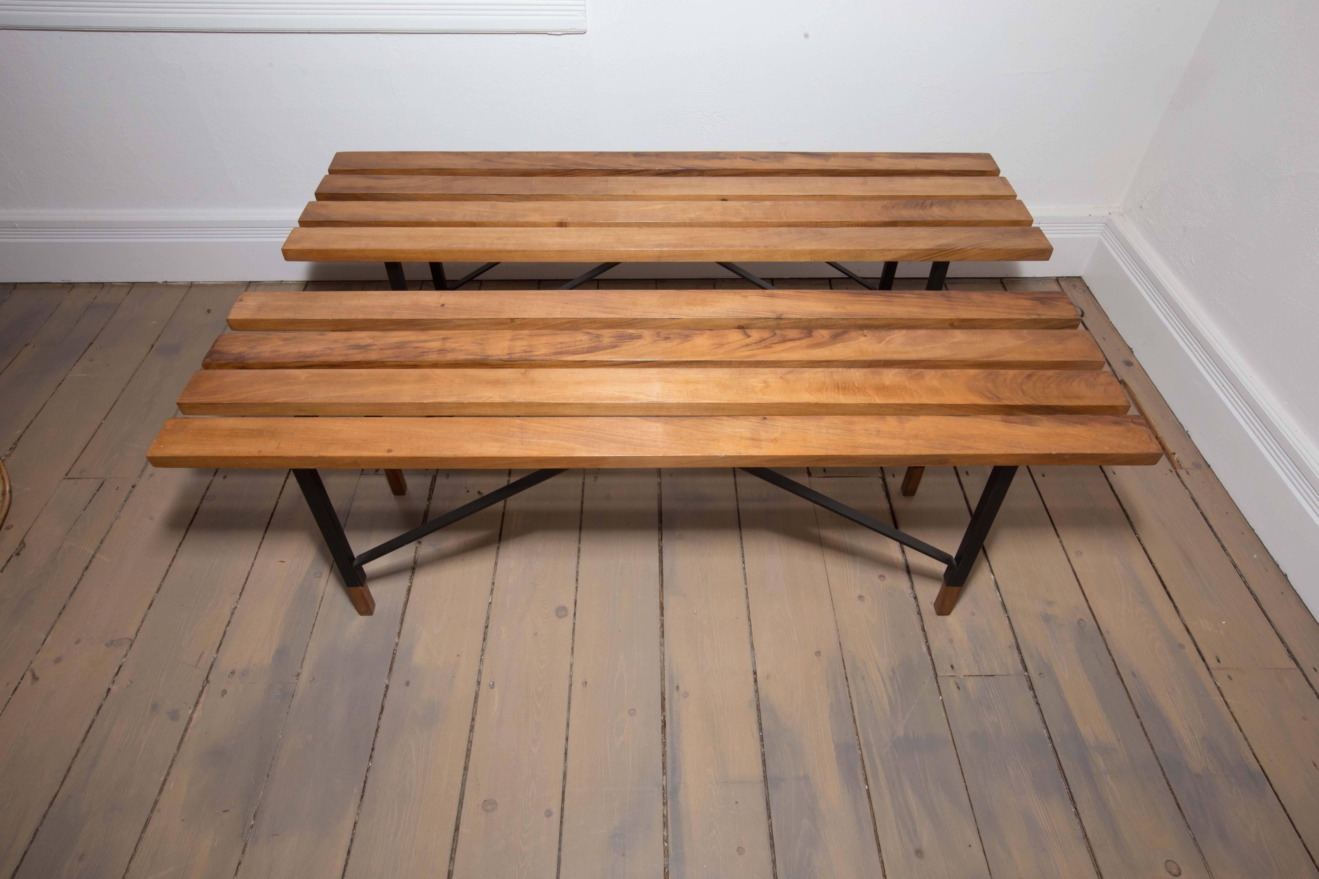 Mid-Century Modern Wood Slat Bench with Black Metal Cross Bar Base and Wood Feet