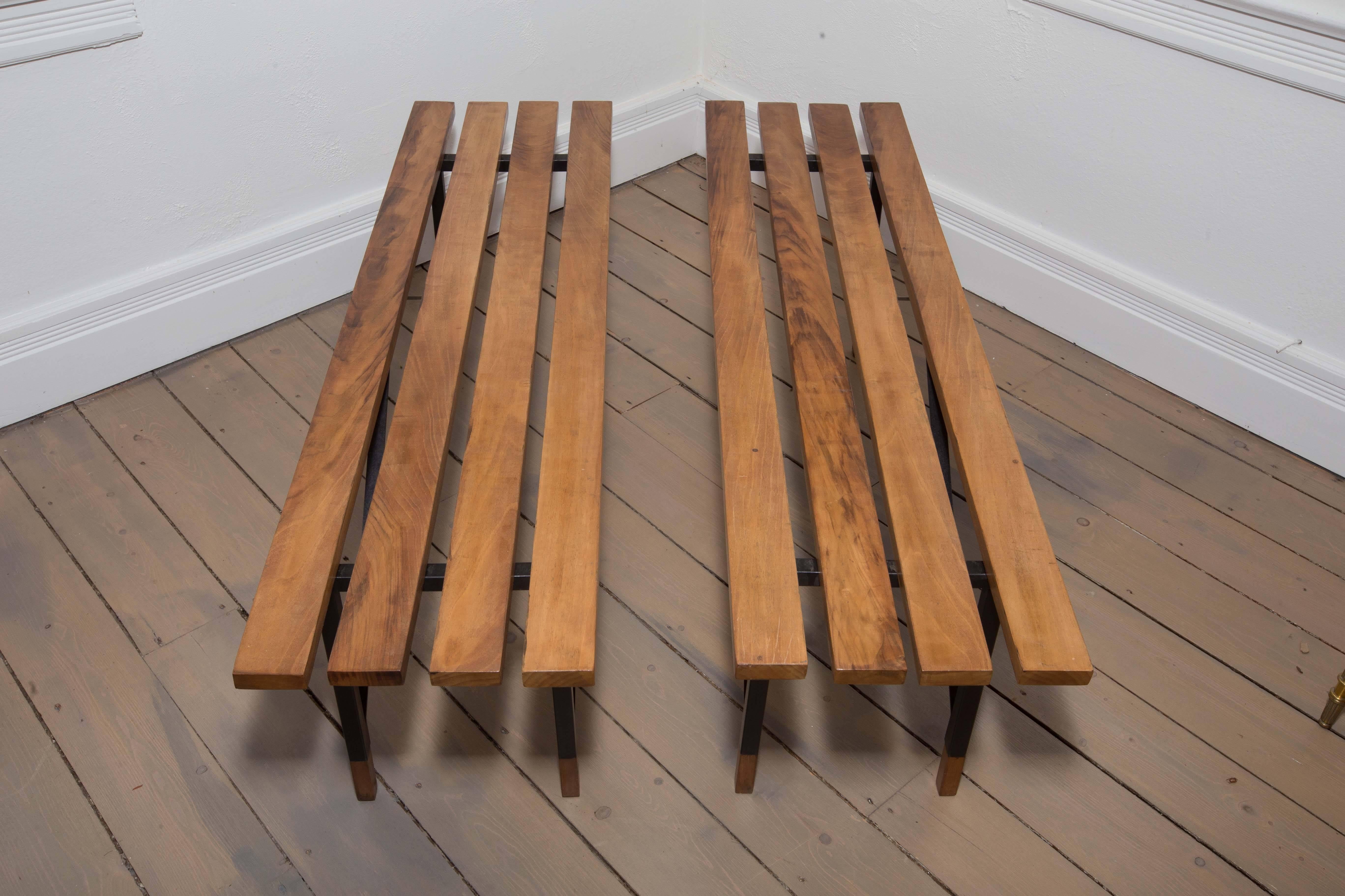 Italian Wood Slat Bench with Black Metal Cross Bar Base and Wood Feet