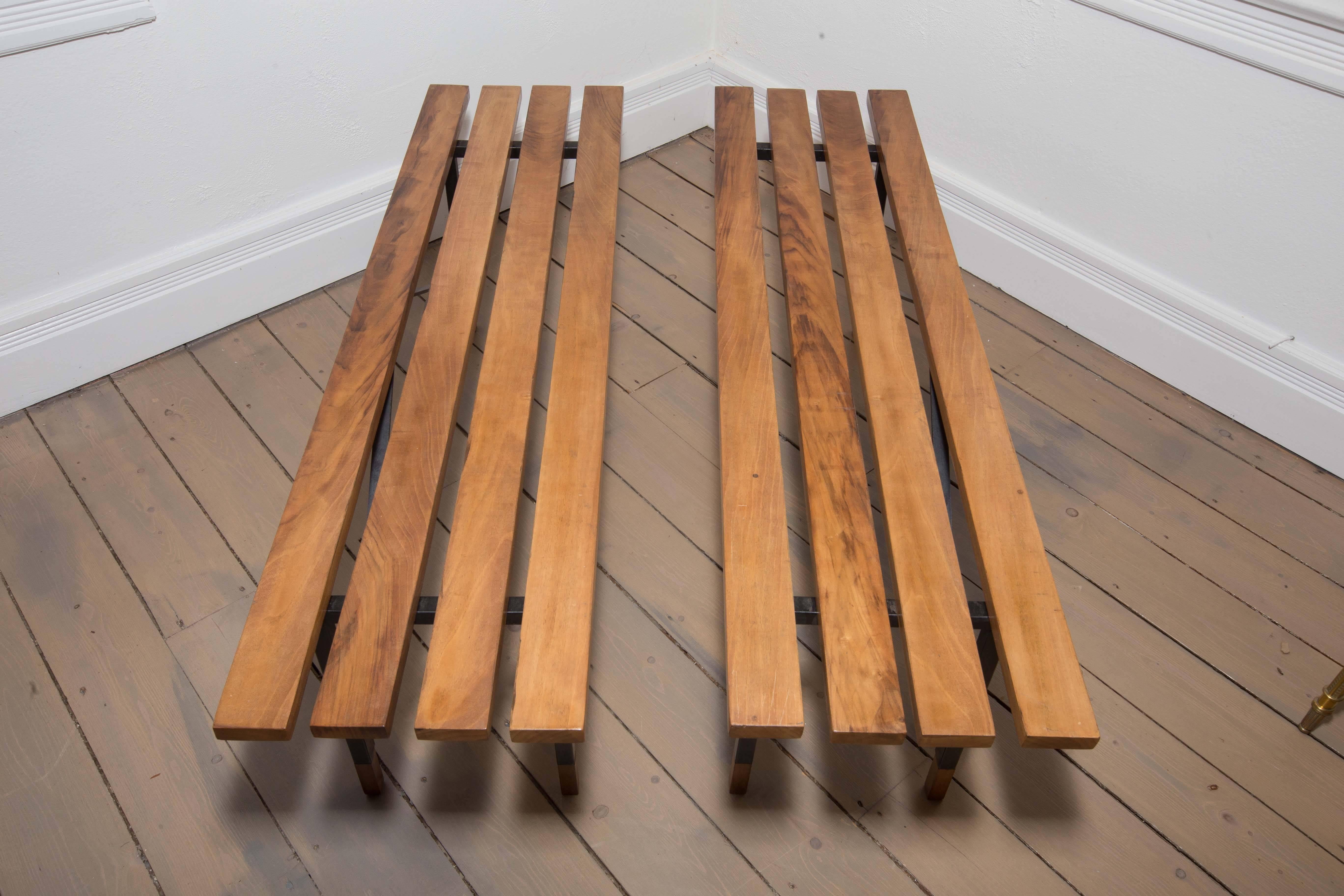 20th Century Wood Slat Bench with Black Metal Cross Bar Base and Wood Feet