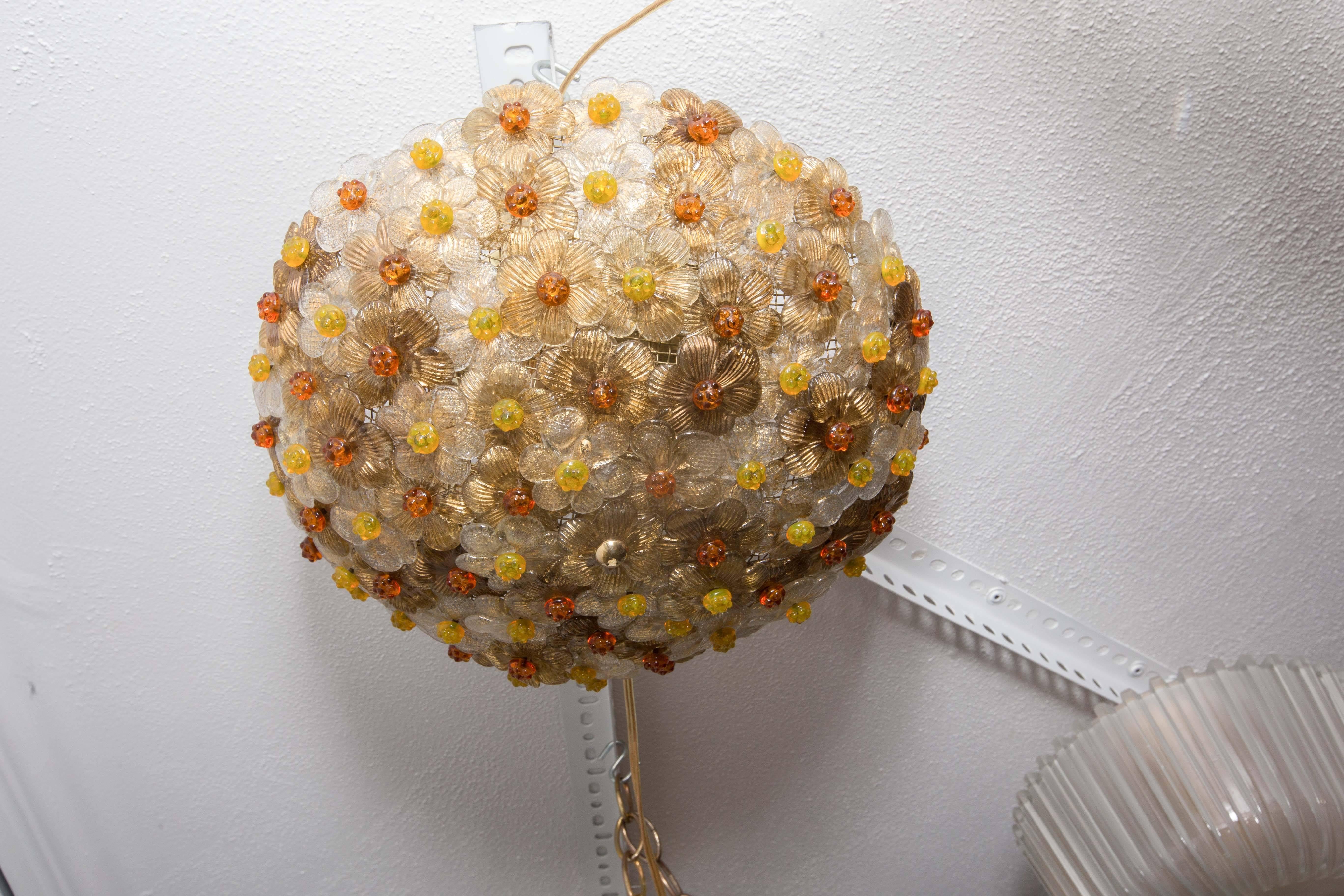 Mid-Century Modern Dome Form Flush Mount Composed of Multiple Amber and Gold Glass Flowers