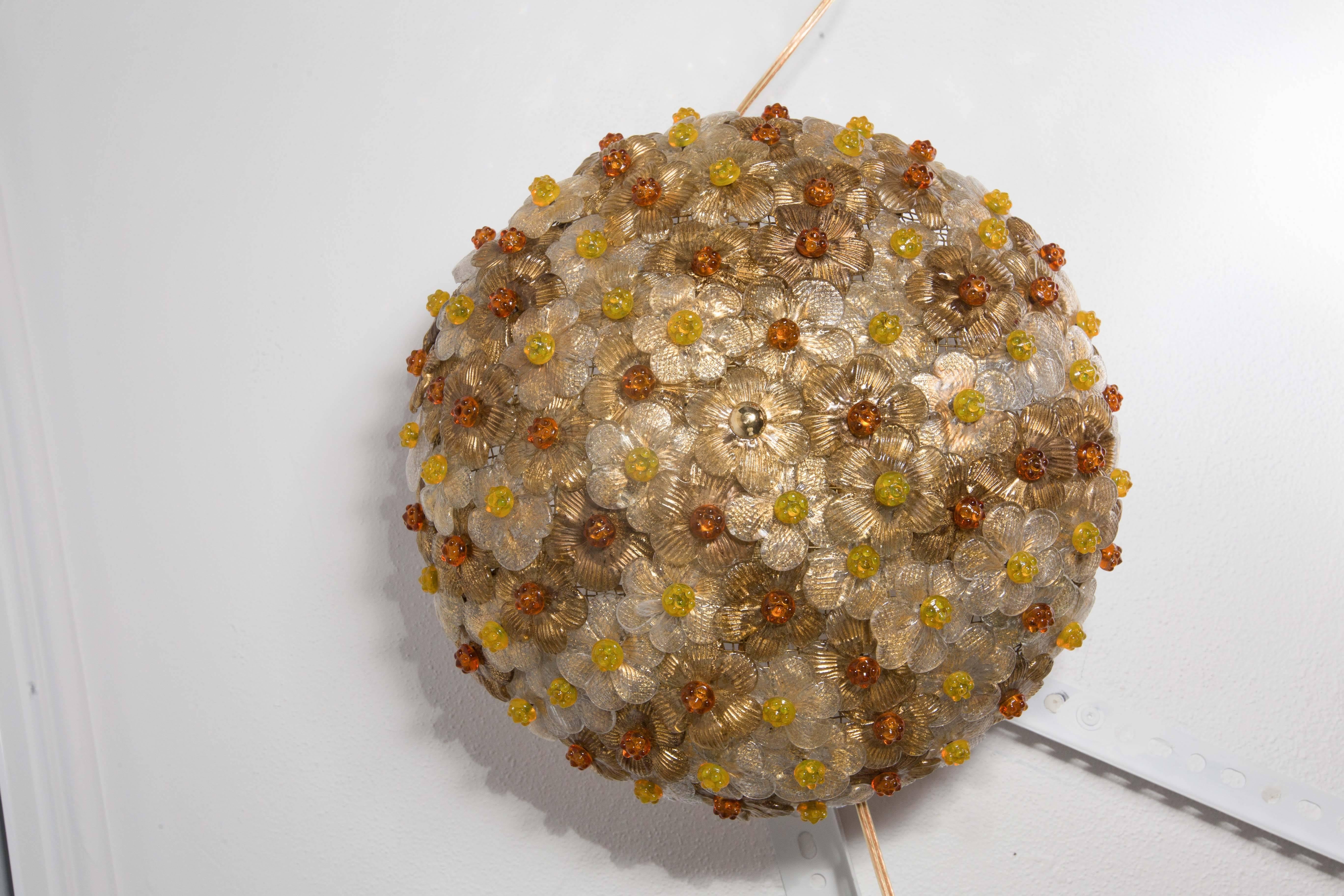 Italian Dome Form Flush Mount Composed of Multiple Amber and Gold Glass Flowers