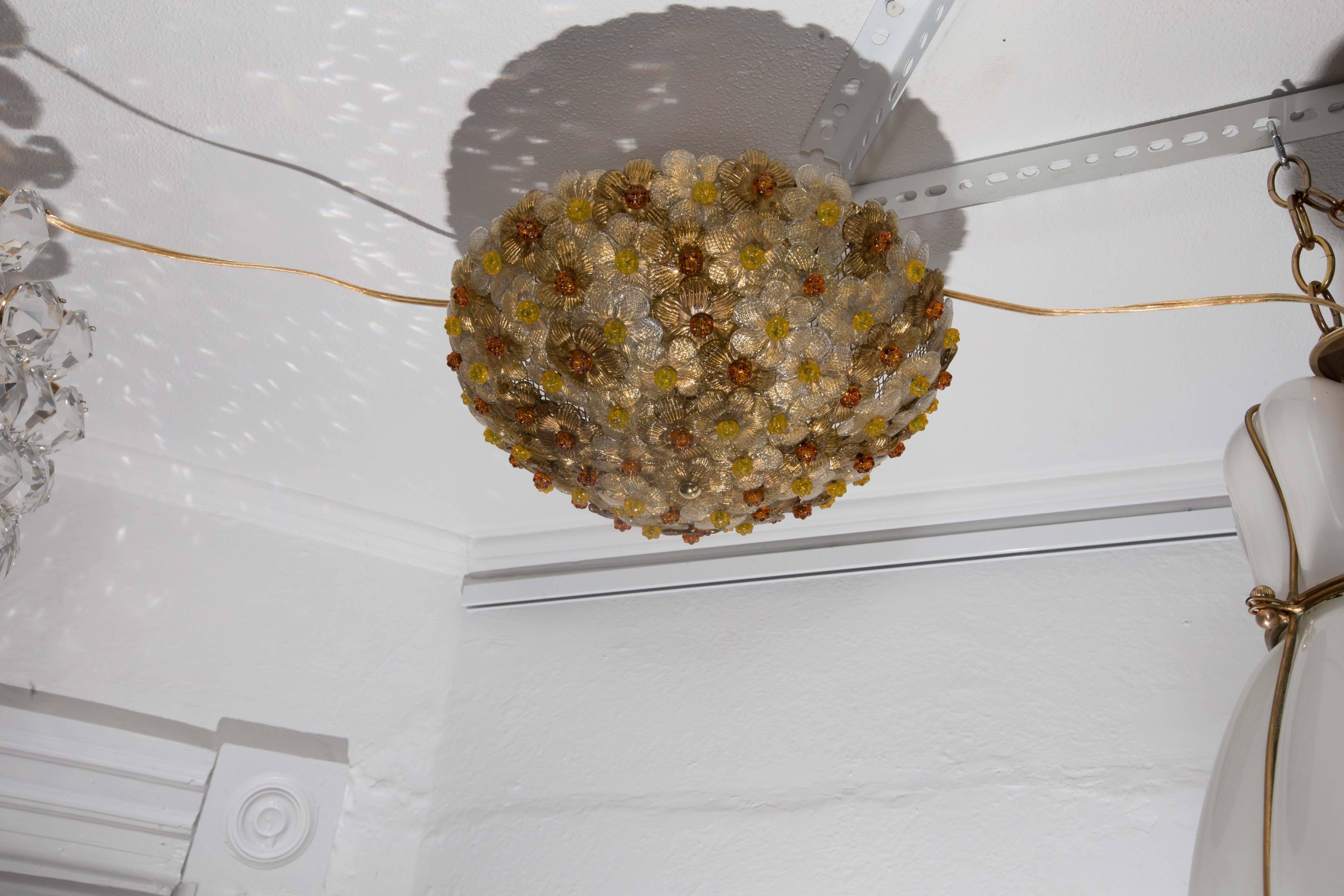 Dome Form Flush Mount Composed of Multiple Amber and Gold Glass Flowers In Excellent Condition In Bridgehampton, NY