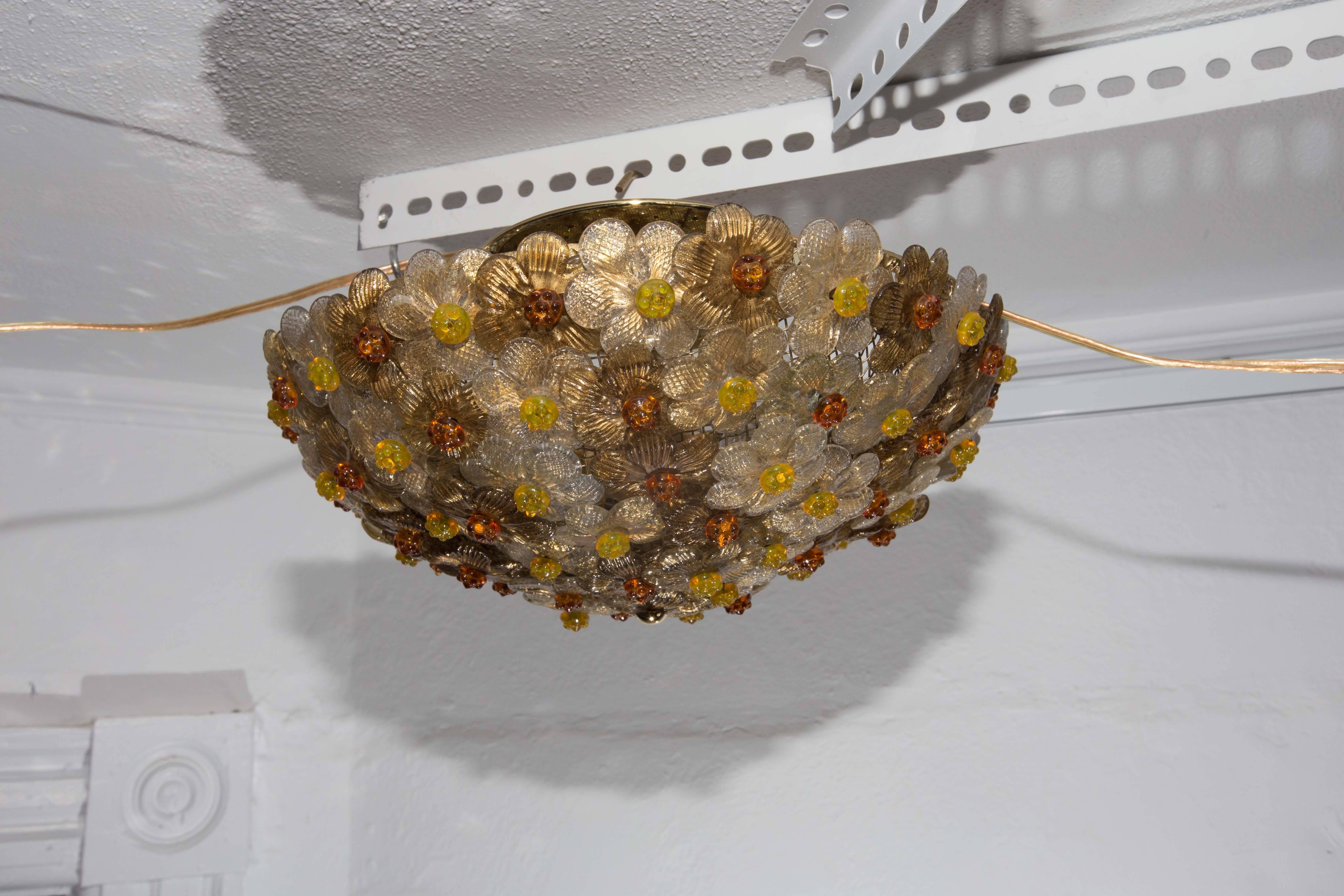 Brass Dome Form Flush Mount Composed of Multiple Amber and Gold Glass Flowers