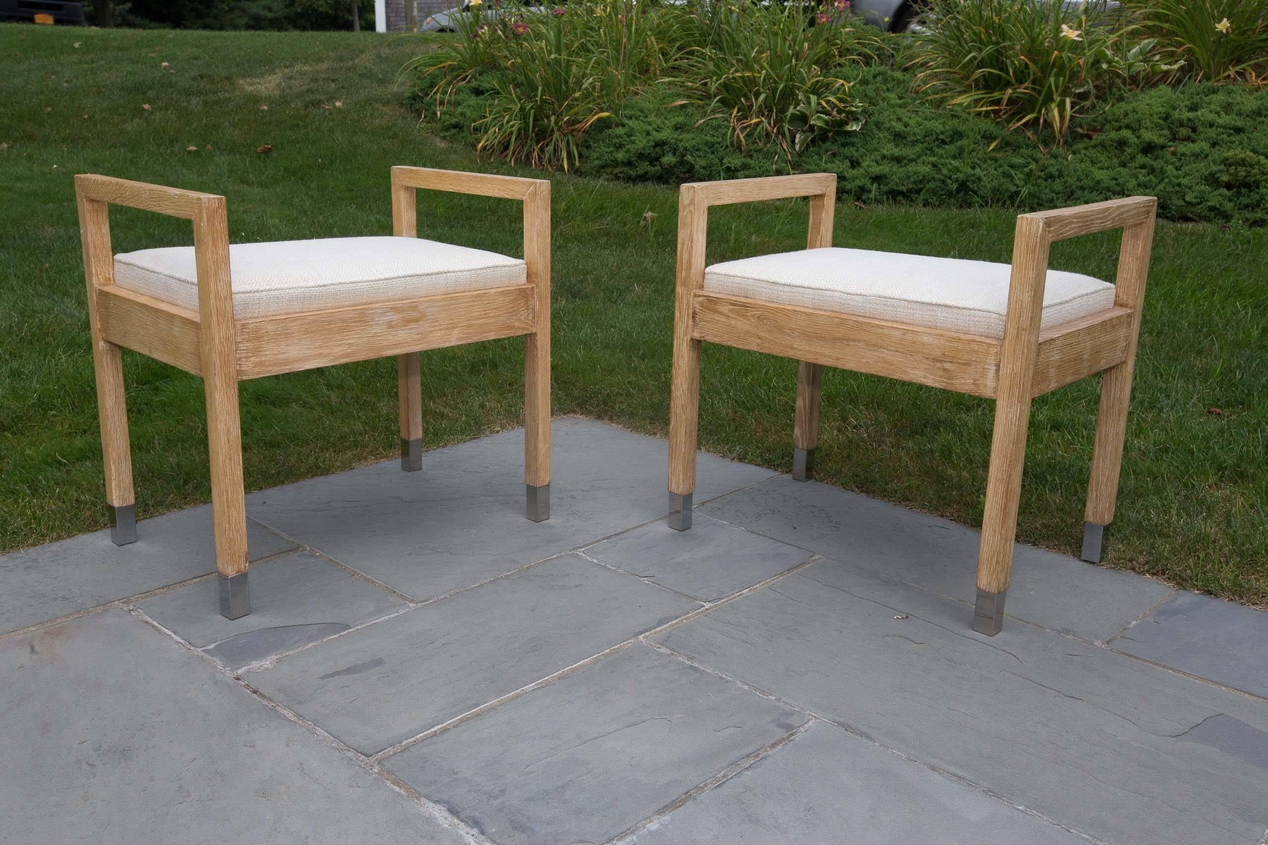 Mid-Century Modern Pair of Upholstered Wood Benches with Chrome Tip Legs