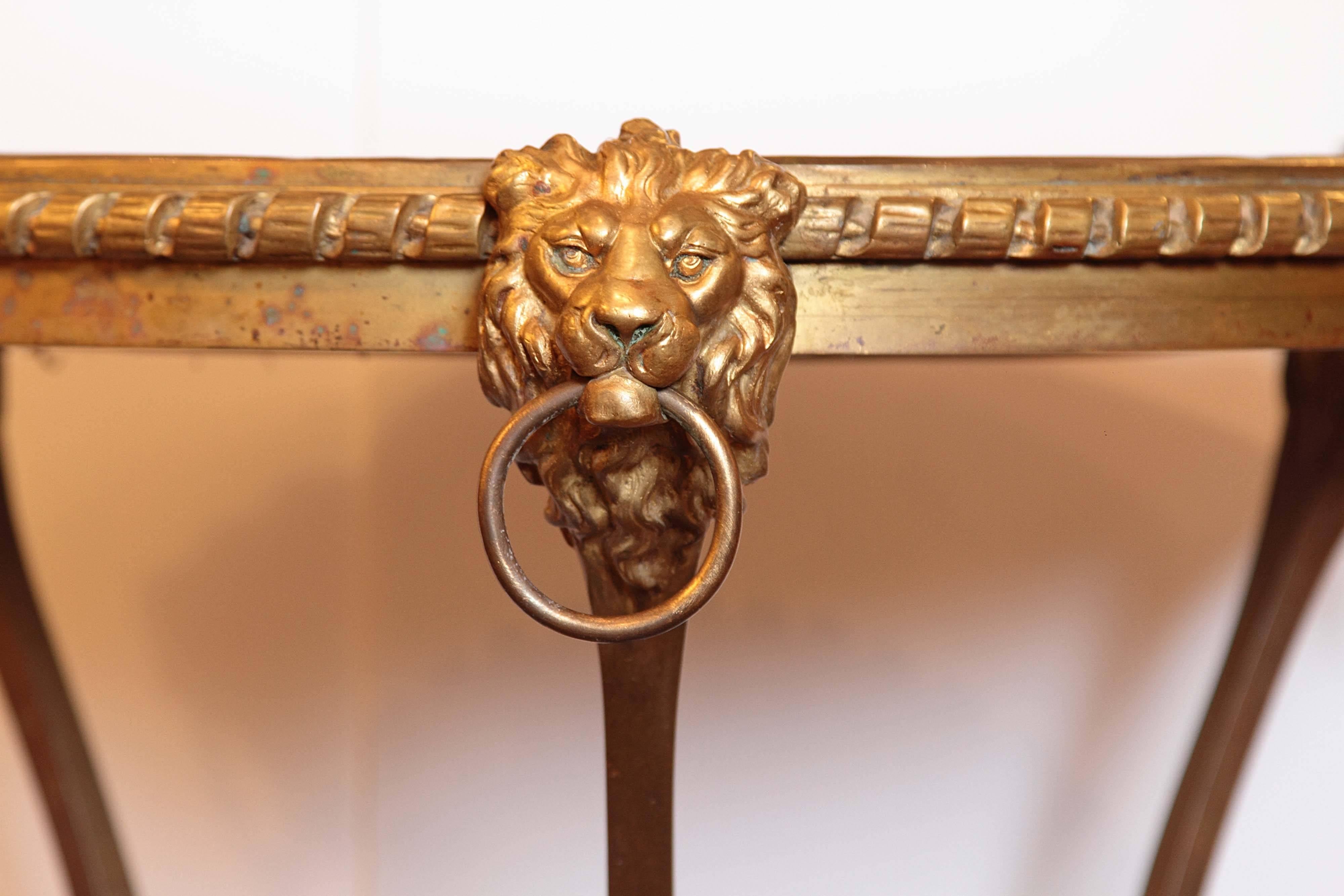 19th Century Italian Gilt Bronze Lions Head Gueridon Table Marble Top Inlayed 2