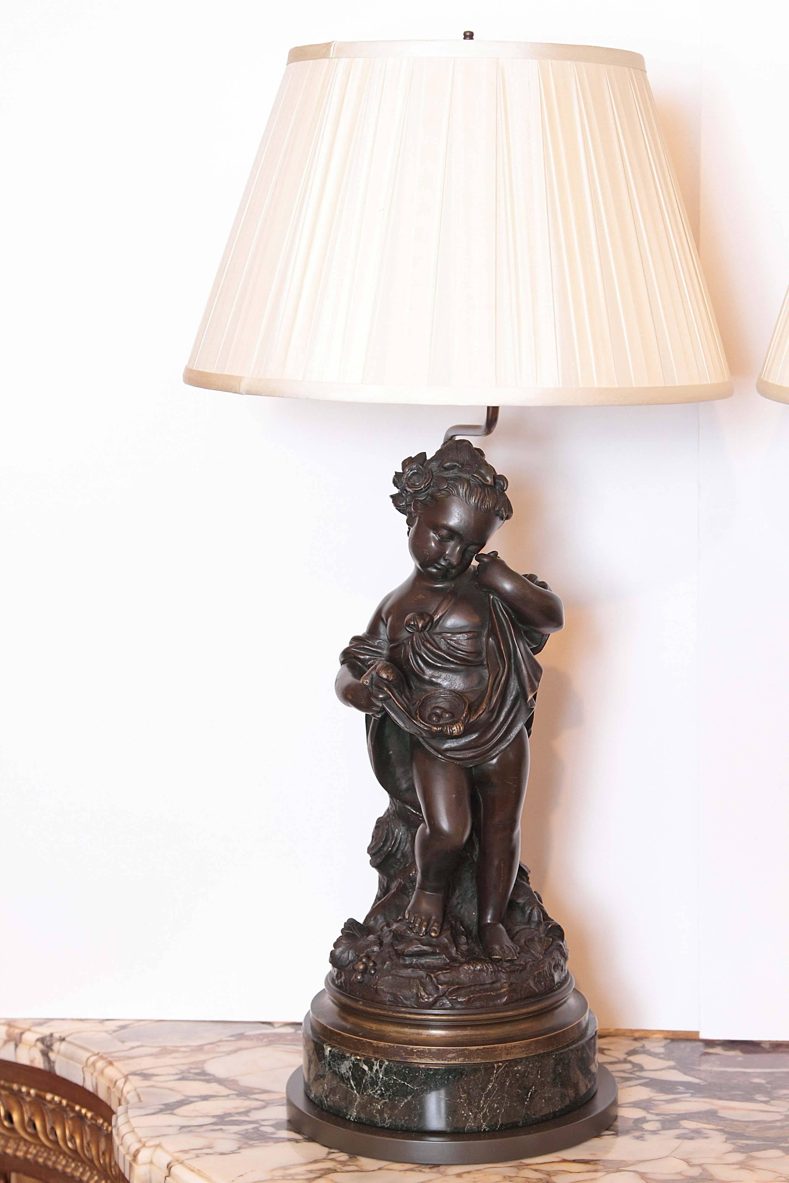 Louis Philippe Pair of 19th Century French Patinated Bronze Figures of Cherubs Made into Lamps