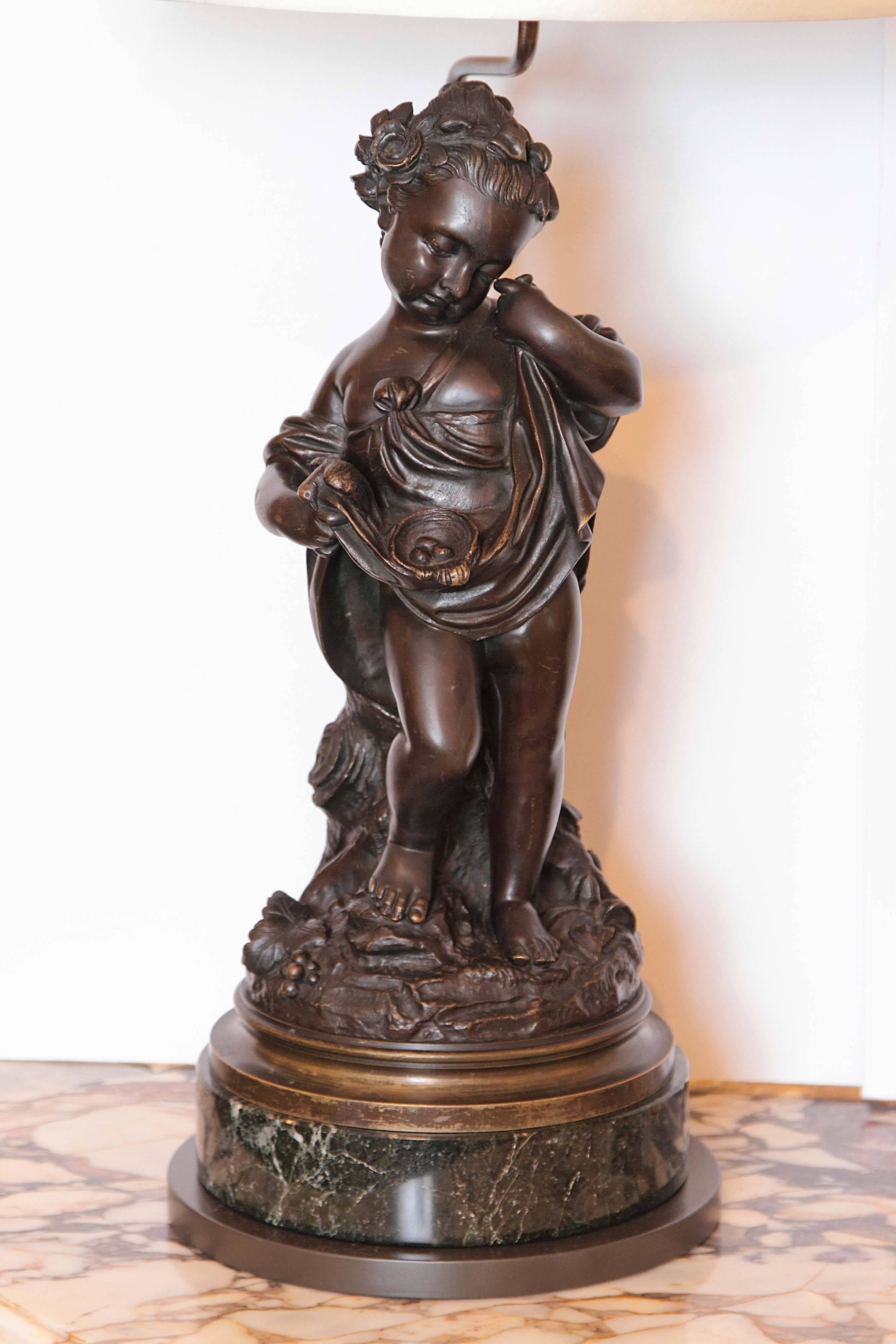 Pair of 19th Century French Patinated Bronze Figures of Cherubs Made into Lamps In Excellent Condition In Dallas, TX