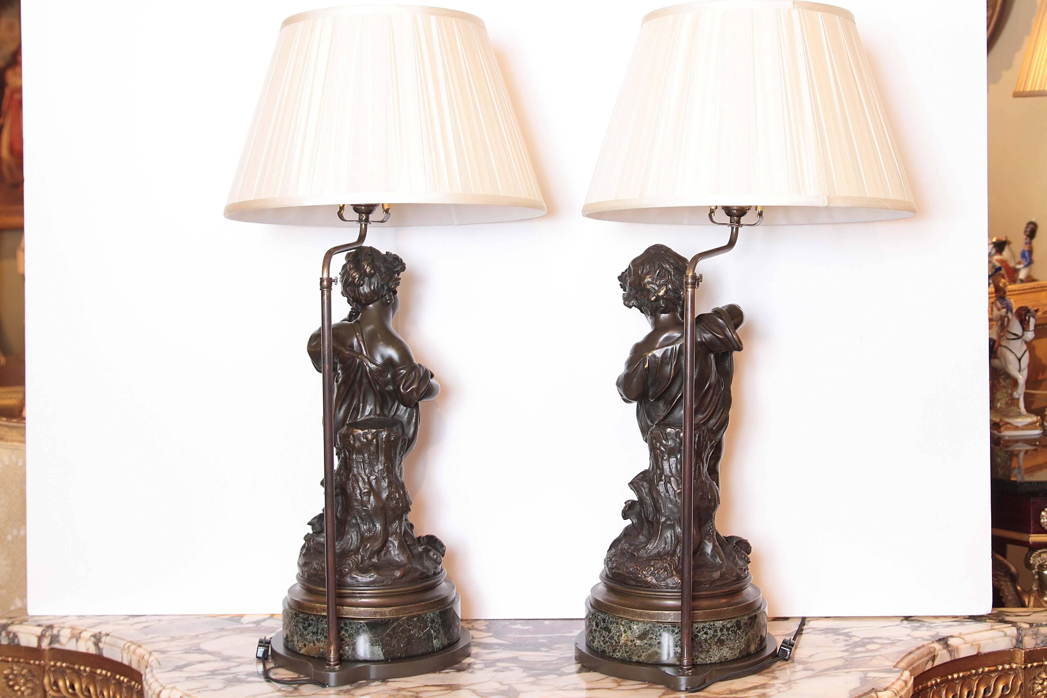 Pair of 19th Century French Patinated Bronze Figures of Cherubs Made into Lamps 6