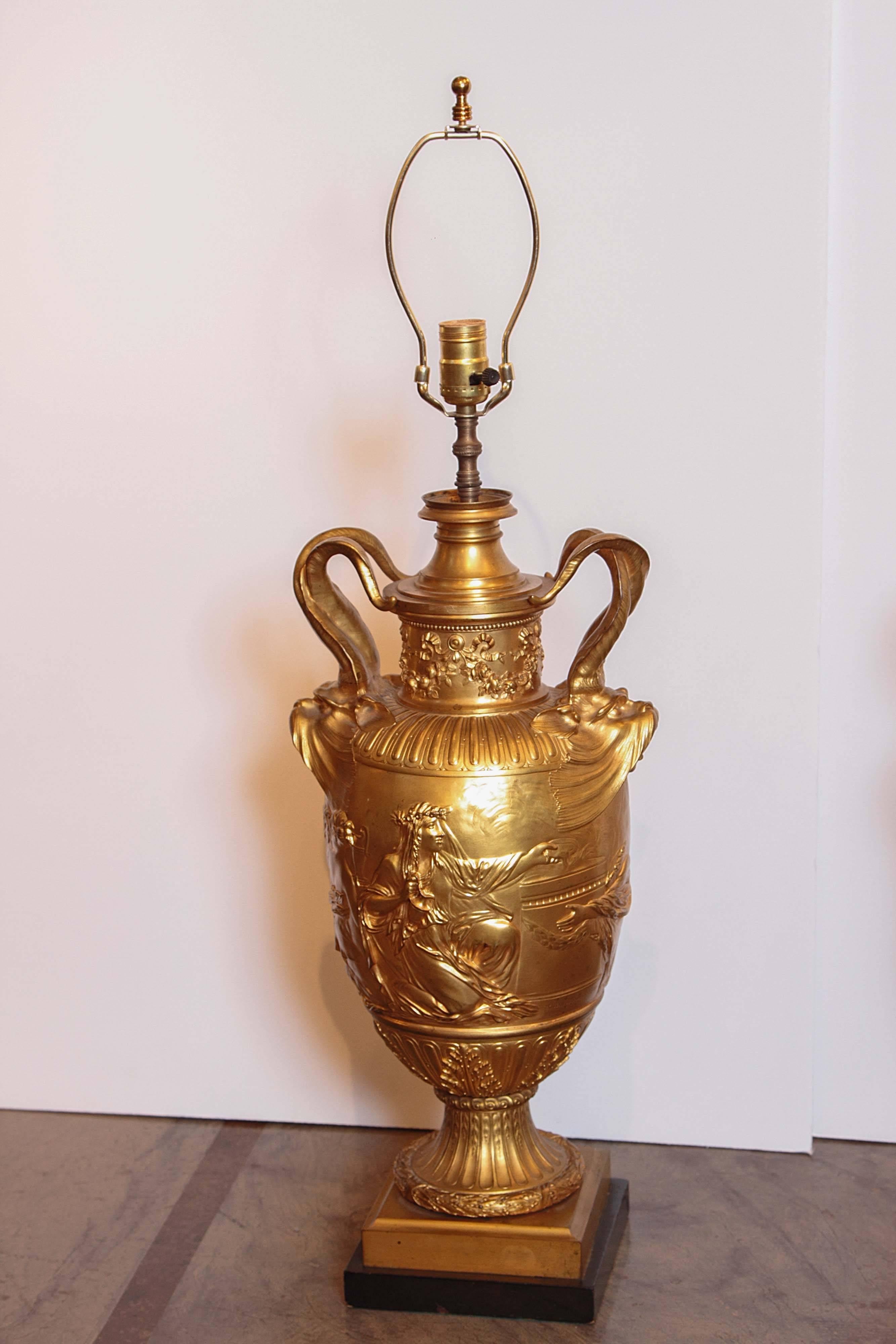 Classical Roman Pair of Large and Impressive Signed Barbedienne Gilt Bronze Urn Lamps