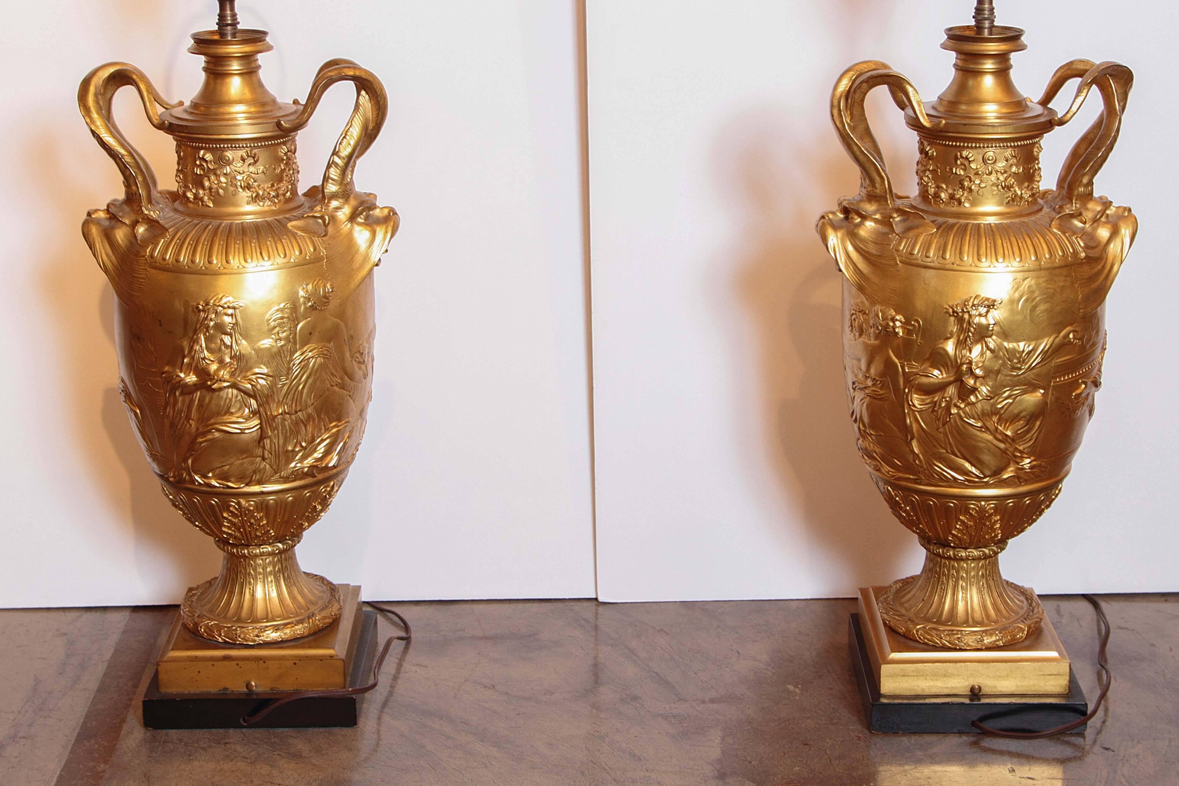 Pair of Large and Impressive Signed Barbedienne Gilt Bronze Urn Lamps 3