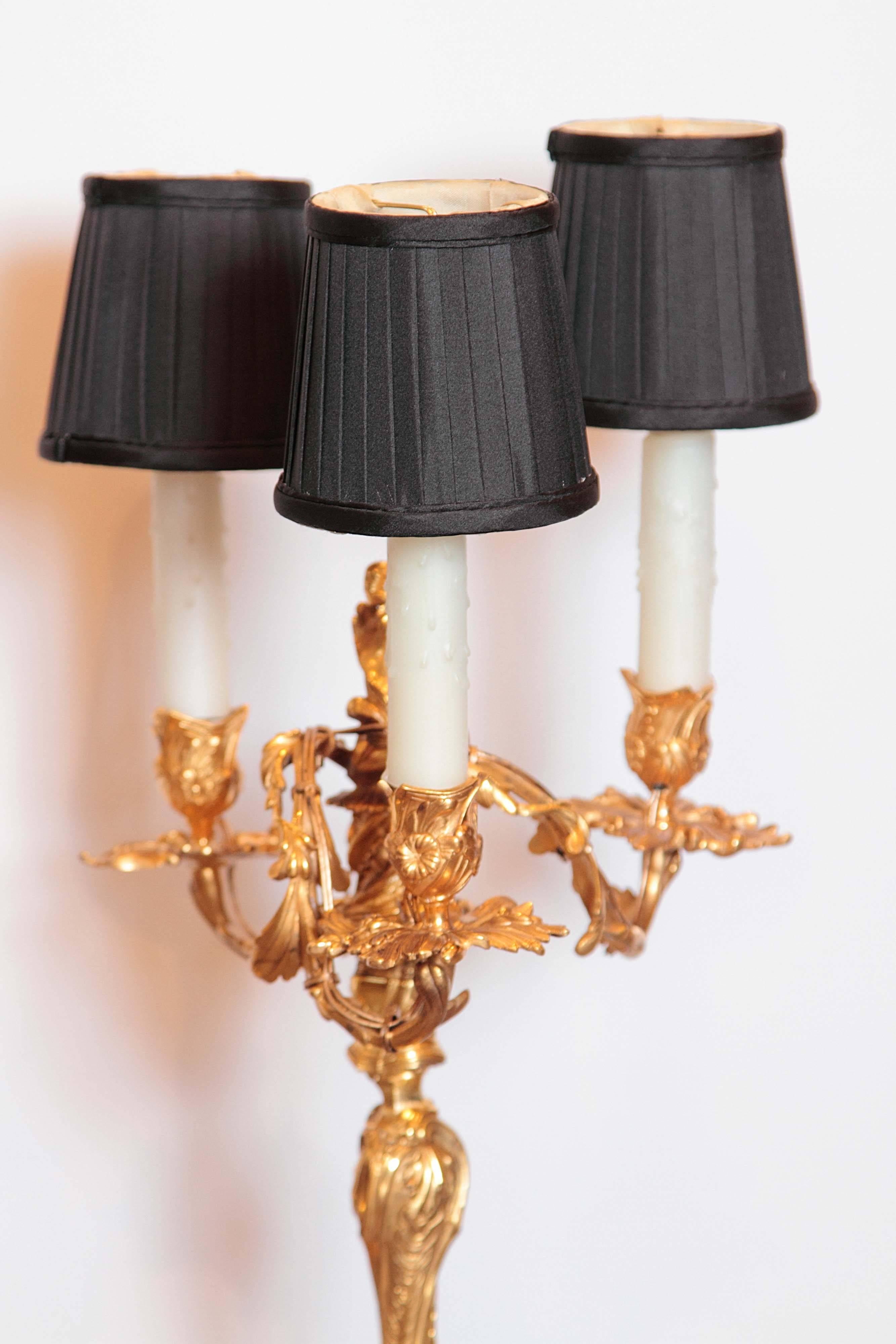 Louis XV Pair of 19th Century Gilt Bronze Candelabra Lamps Signed Henry Dasson, 1882