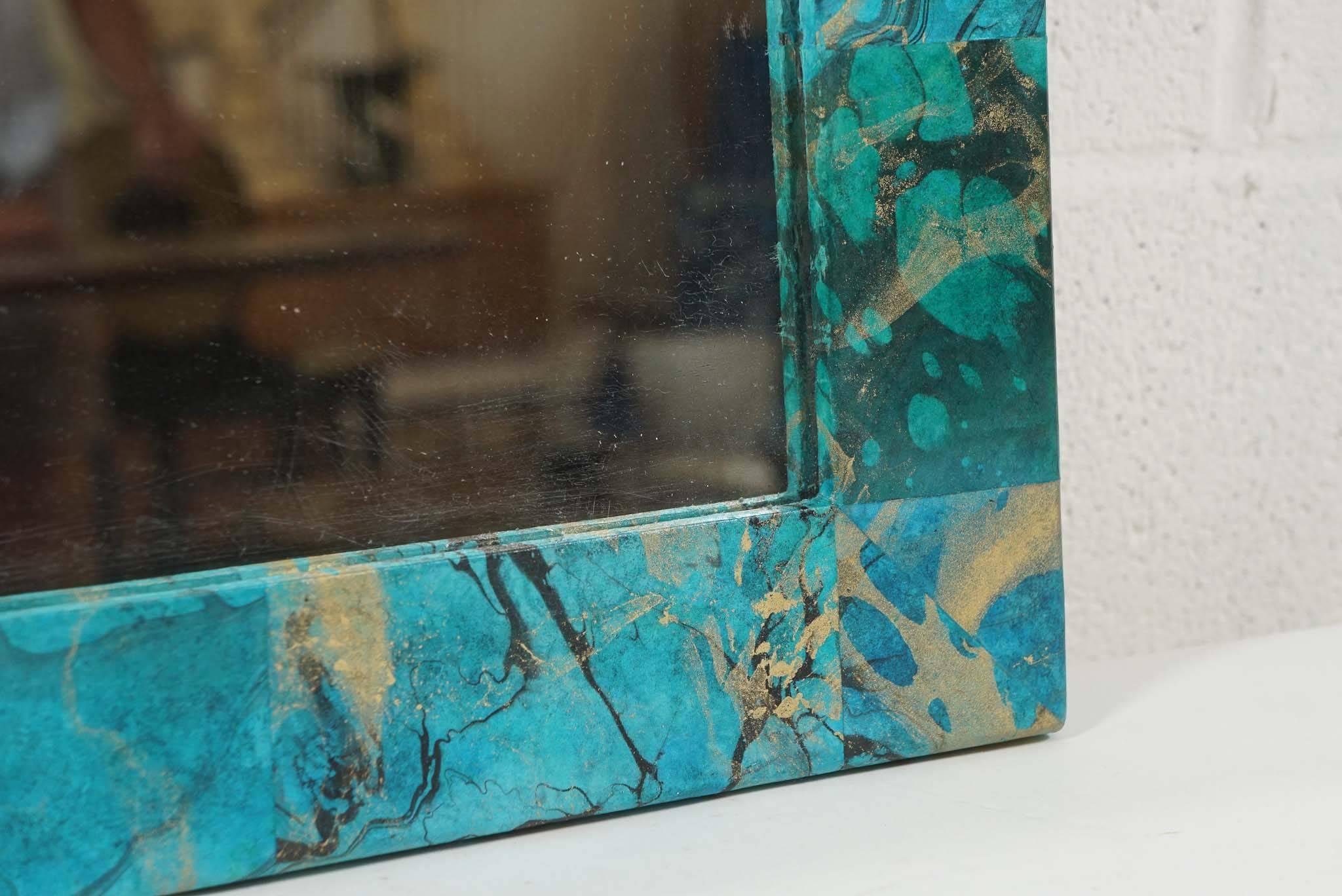 Turquoise and Gold Decoupage Mirror In Excellent Condition In Hudson, NY