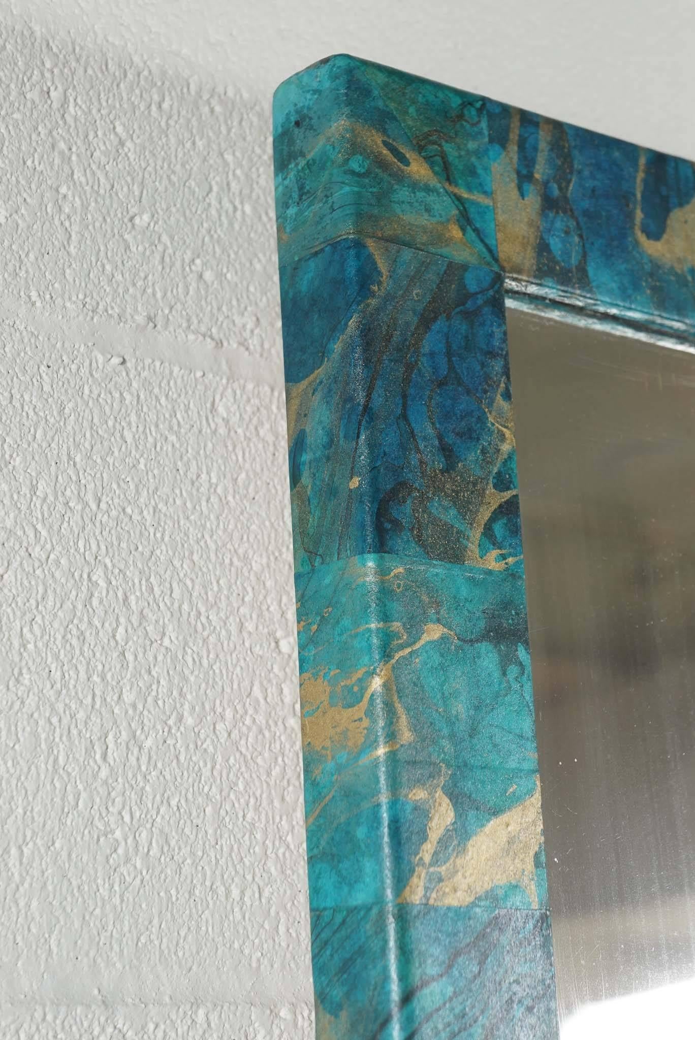 Contemporary Turquoise and Gold Decoupage Mirror