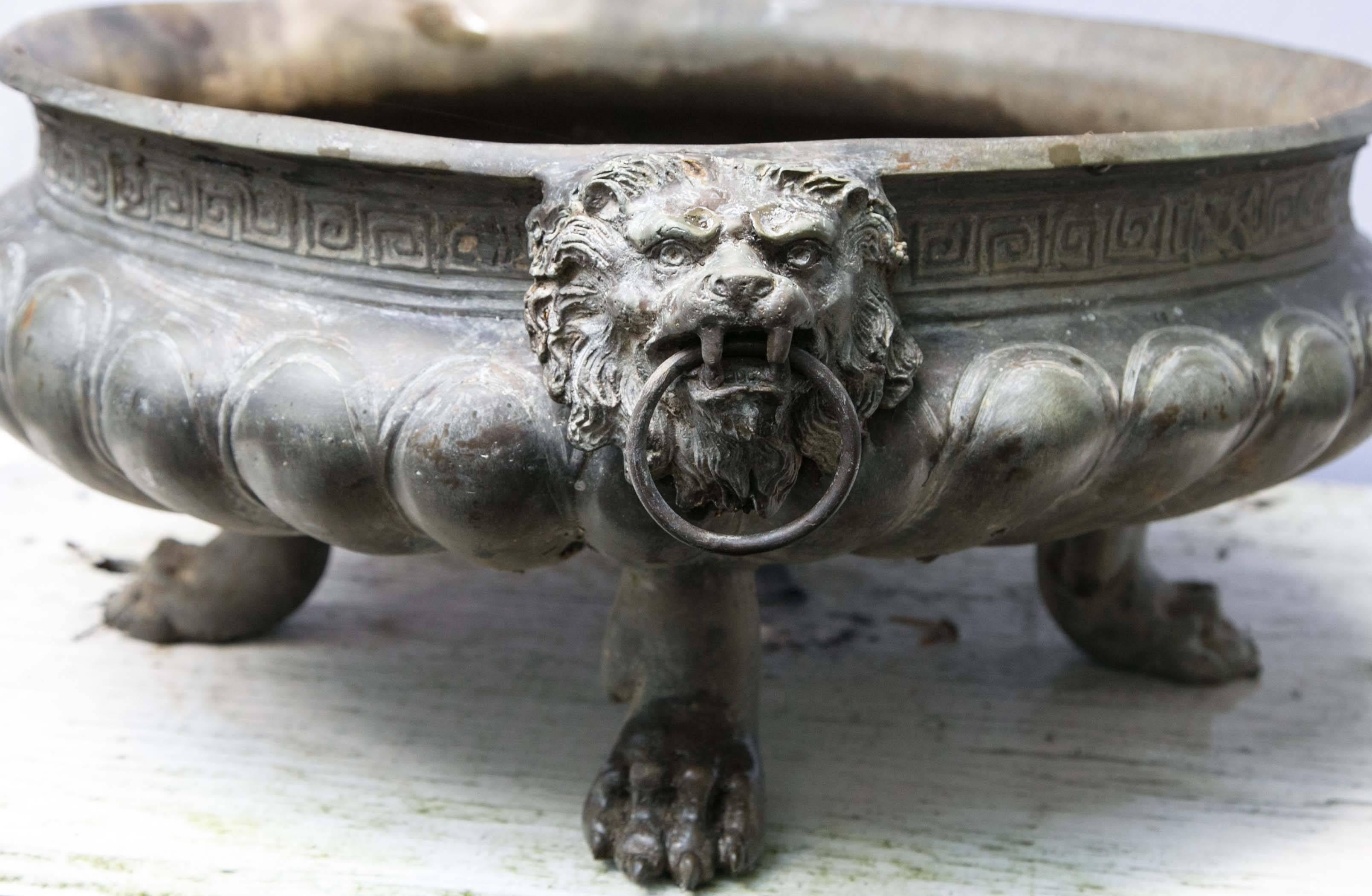 These planters are priced individually. . Lion masks with ringed handles, greek key motif, lion paw feet. Each has a center drainage hole. They have been used outdoors for years and have a nice patina. They can also be used indoors.