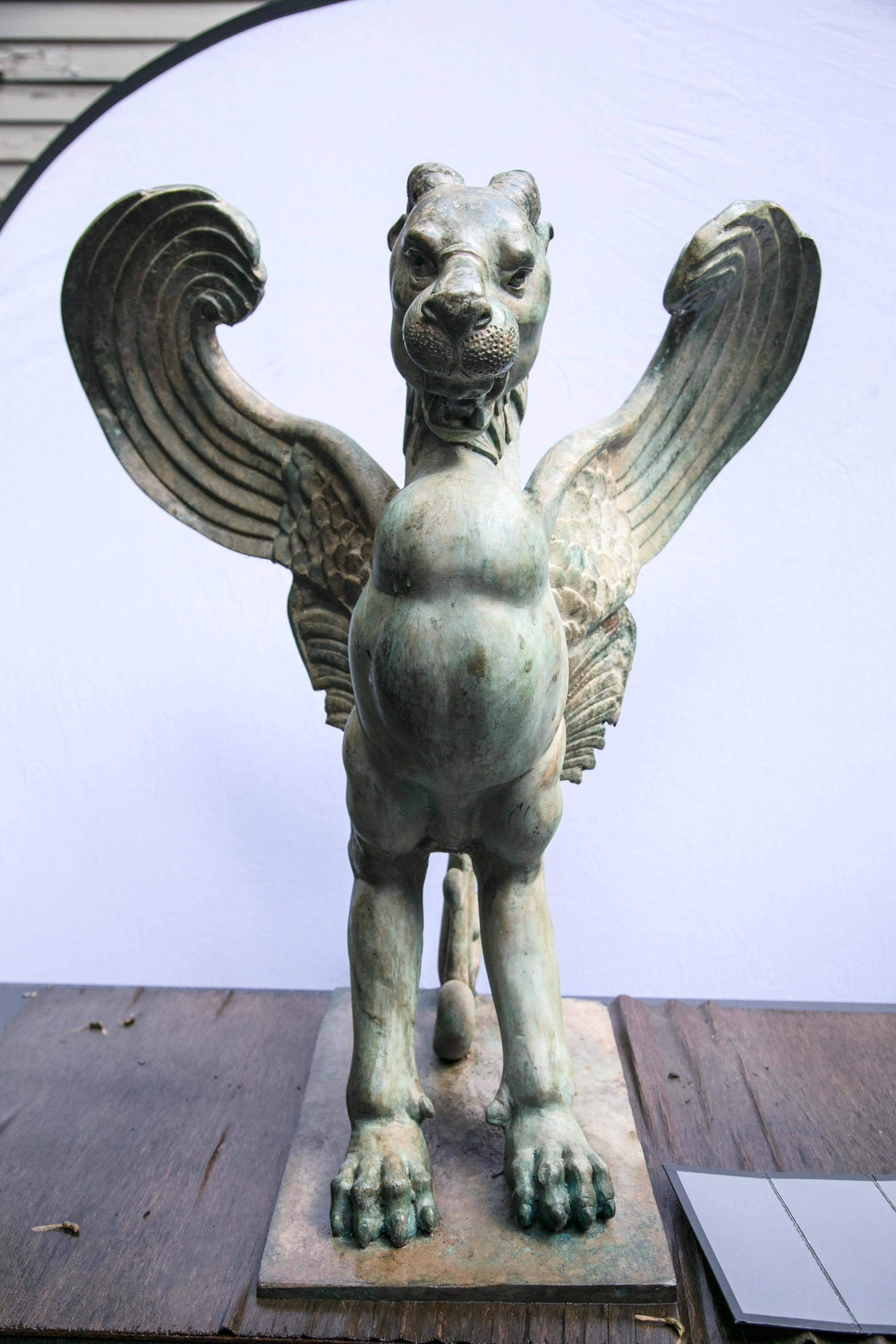 Green patinated winged lion. Outstretched wings, lions head, front paw feet and stylized tail. The patina has developed over years in a garden.