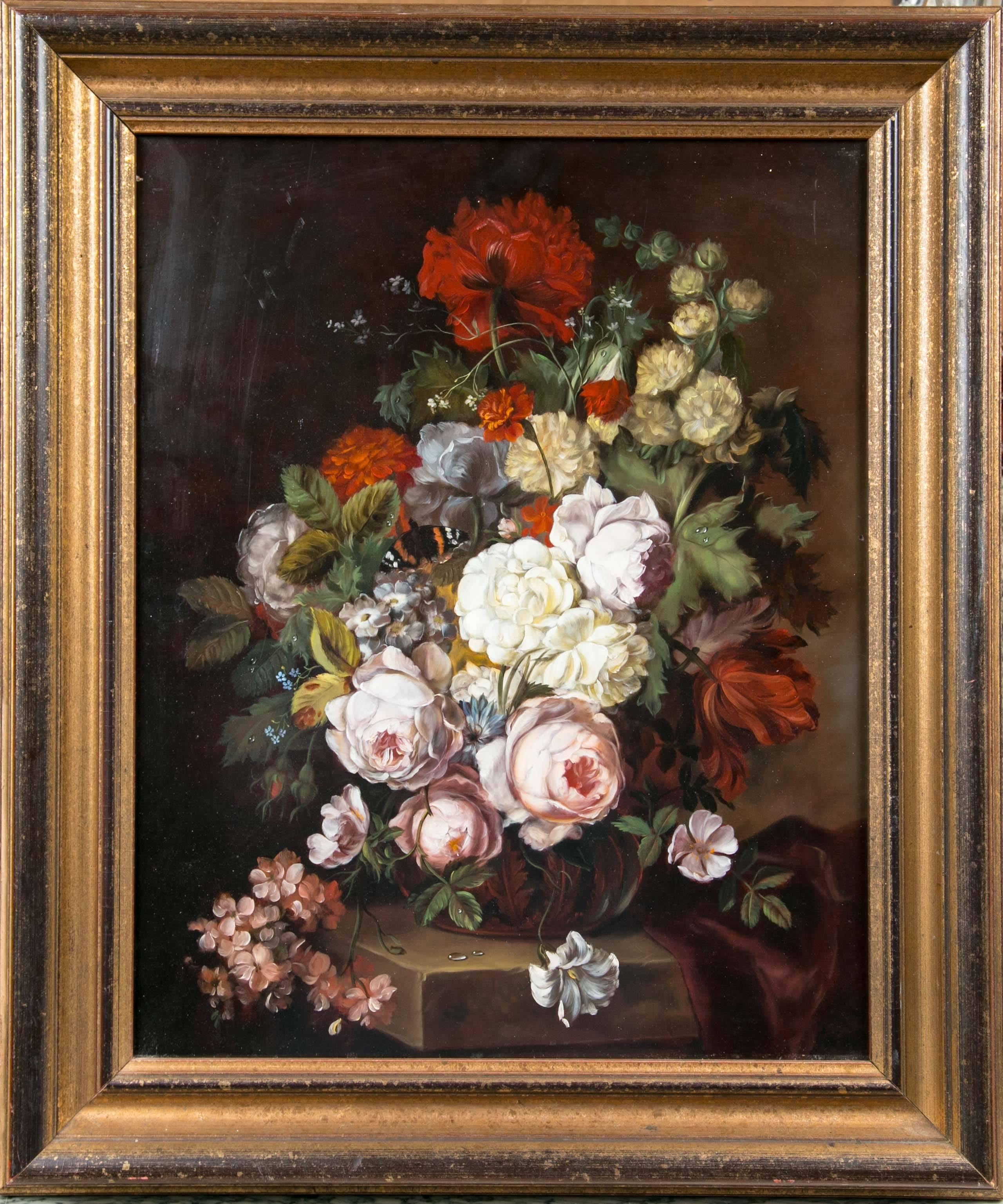 A container of flowers on a shelf signed lower right Gabriel. (Francois Gabriel, 1893-1993, with in a mottled gilt frame. Painted on wood panel.