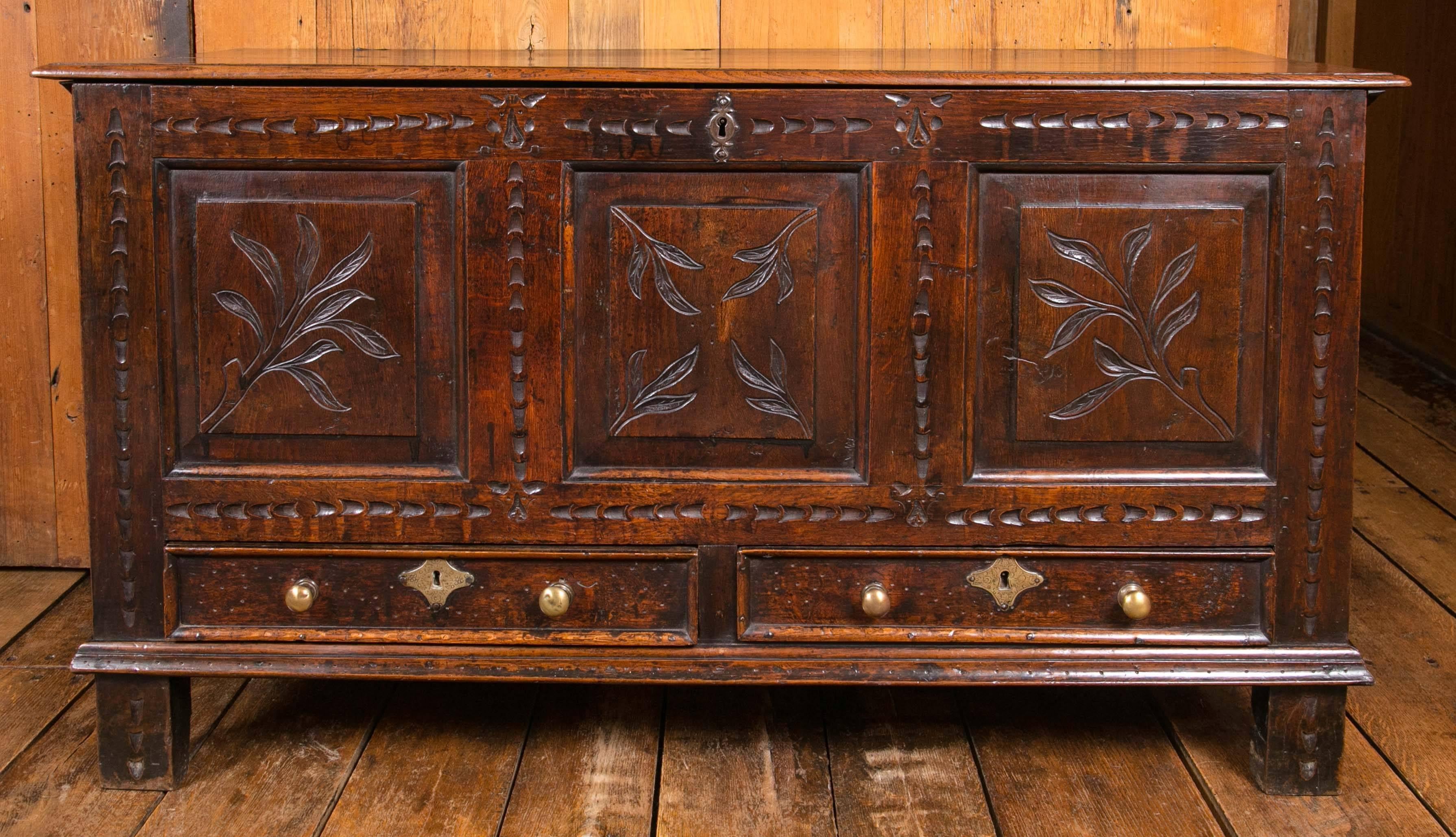 Elm, two-drawer mule chest / coffer, probably of Irish origin. Three fielded panels on the front with carved foliate decoration and original steel escutcheon lock plate. The two drawers are pine lined and have original brass, escutcheon plates and