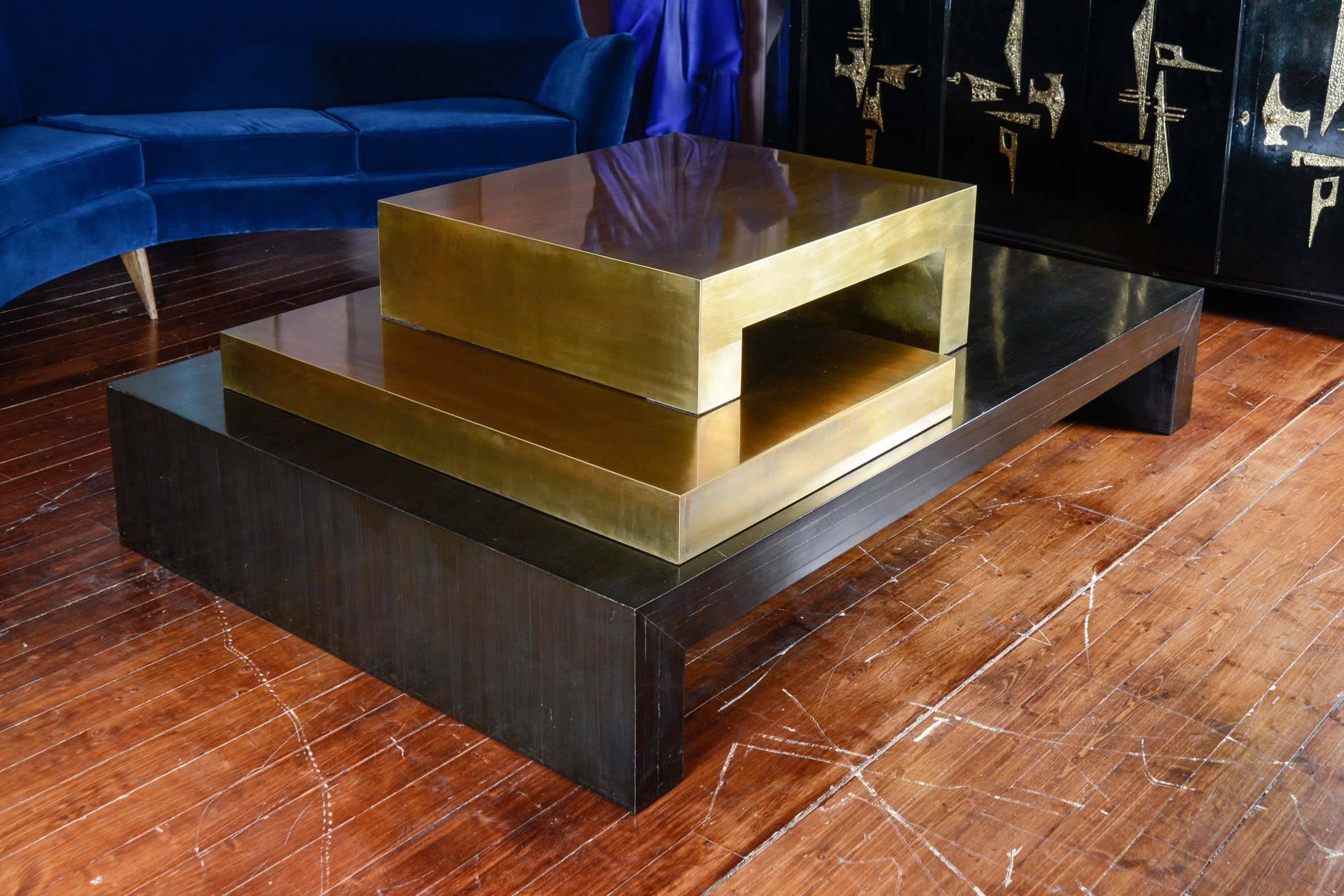 Low table in Macassar ebony and two brass modules, signed by the artist Serio.