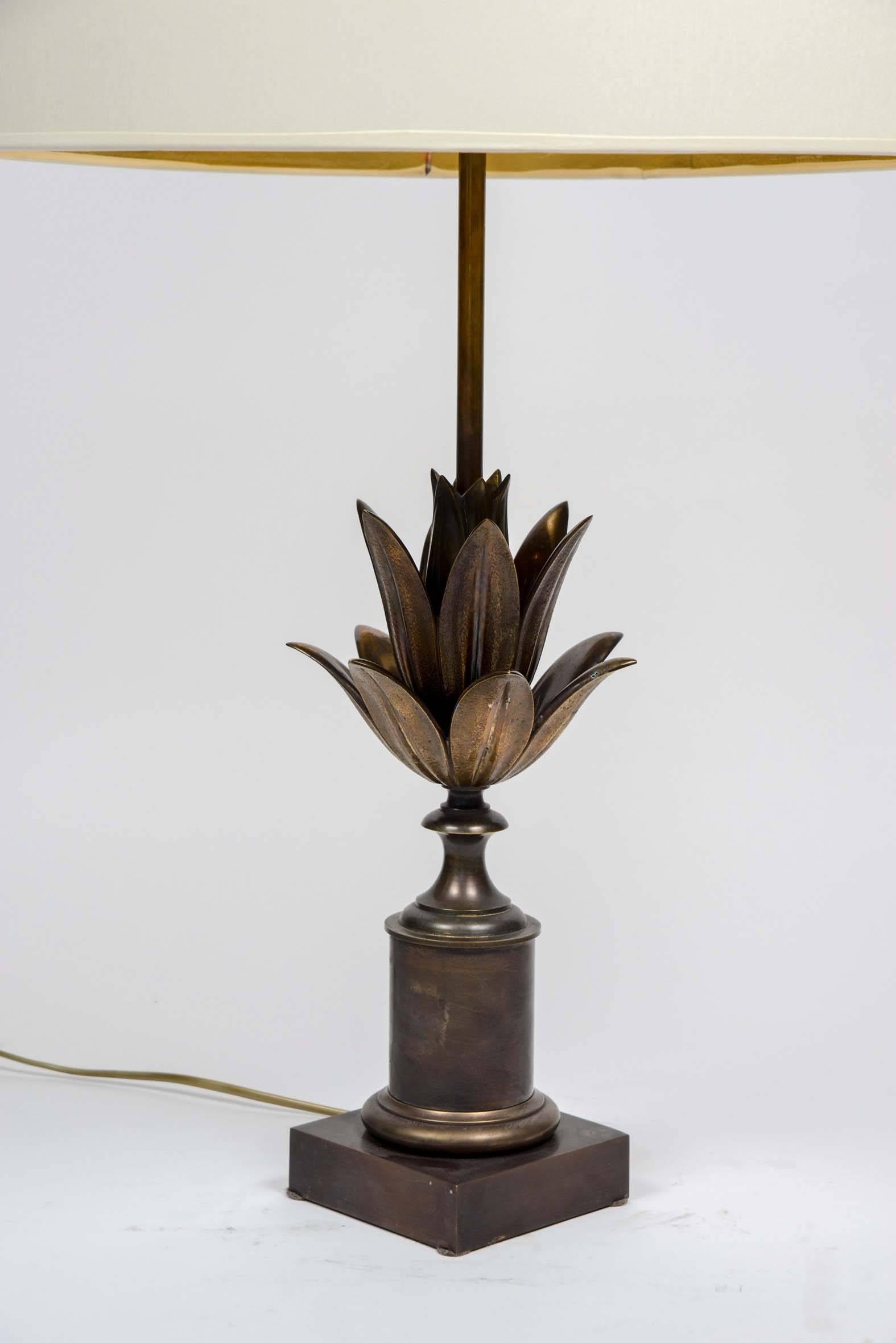 French Pair of Lotus Lamps in Bronze by Maison Charles