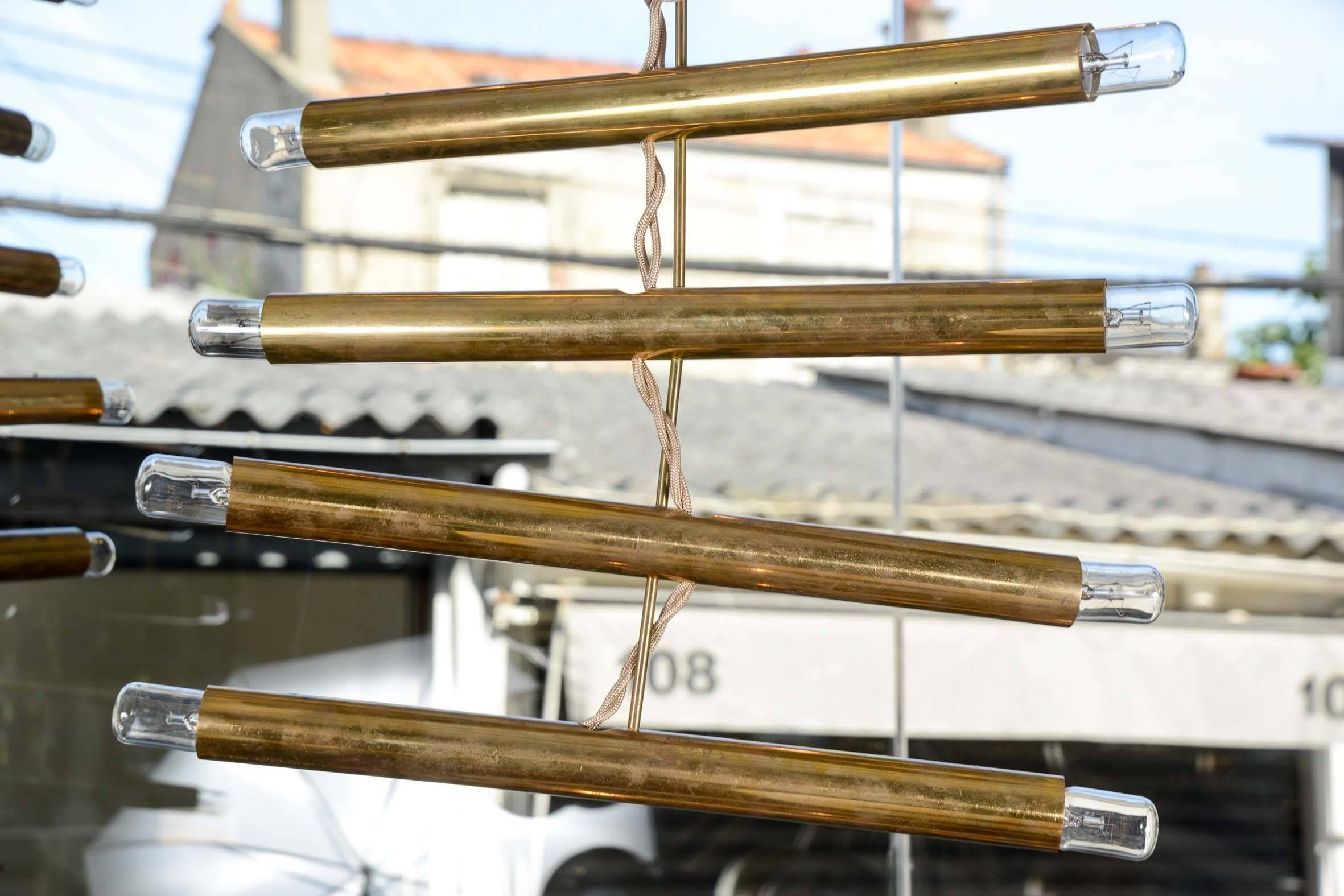 Mid-Century Modern Rare Pair of Giampiero Aloï for Lumi Brass Ladder Chandeliers