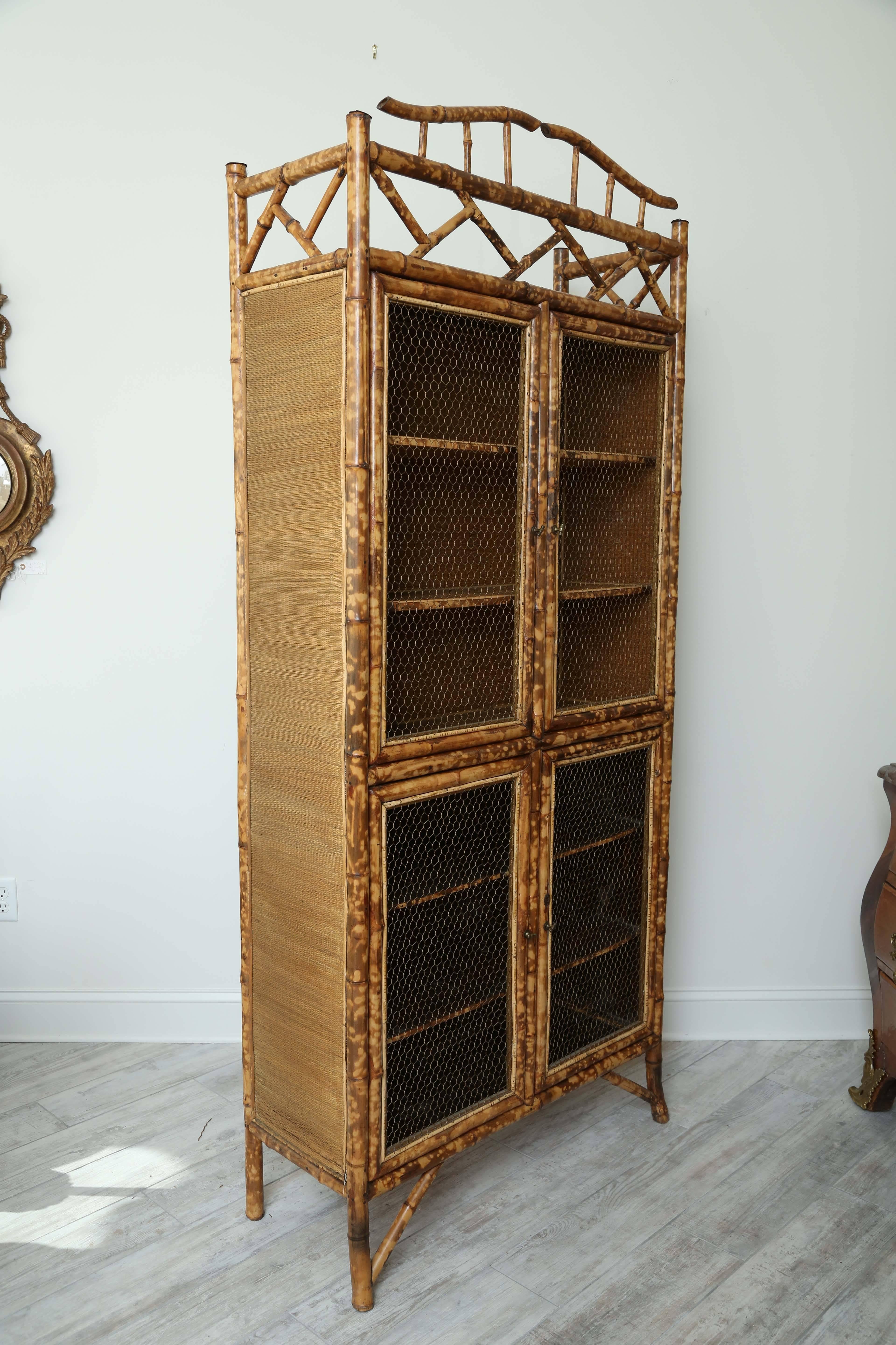 Antique Bamboo Cabinet with Chicken Wire Doors In Good Condition In West Palm Beach, FL