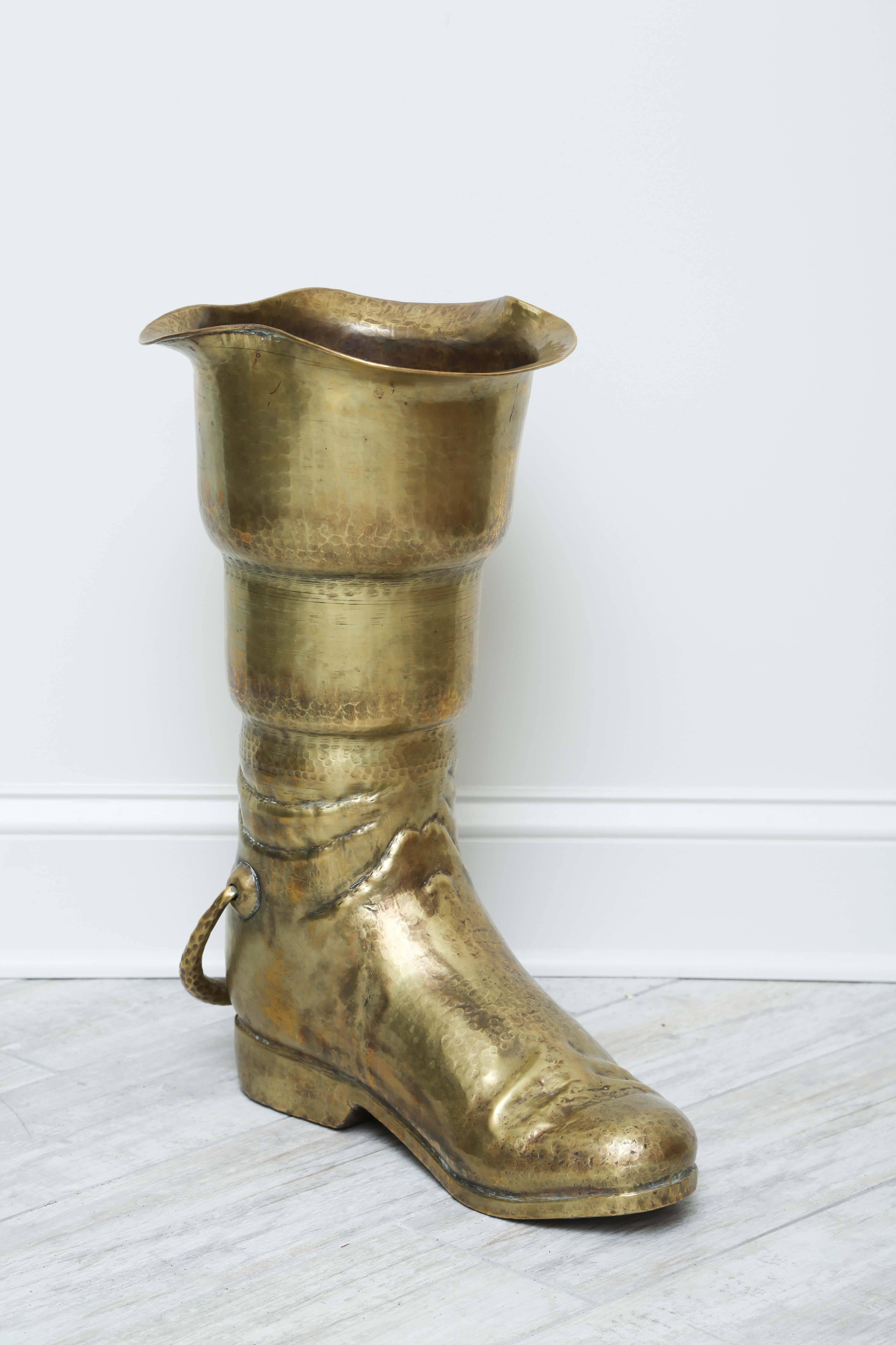 Limited edition (156/600) hand-forged brass boot umbrella stand made in Italy.