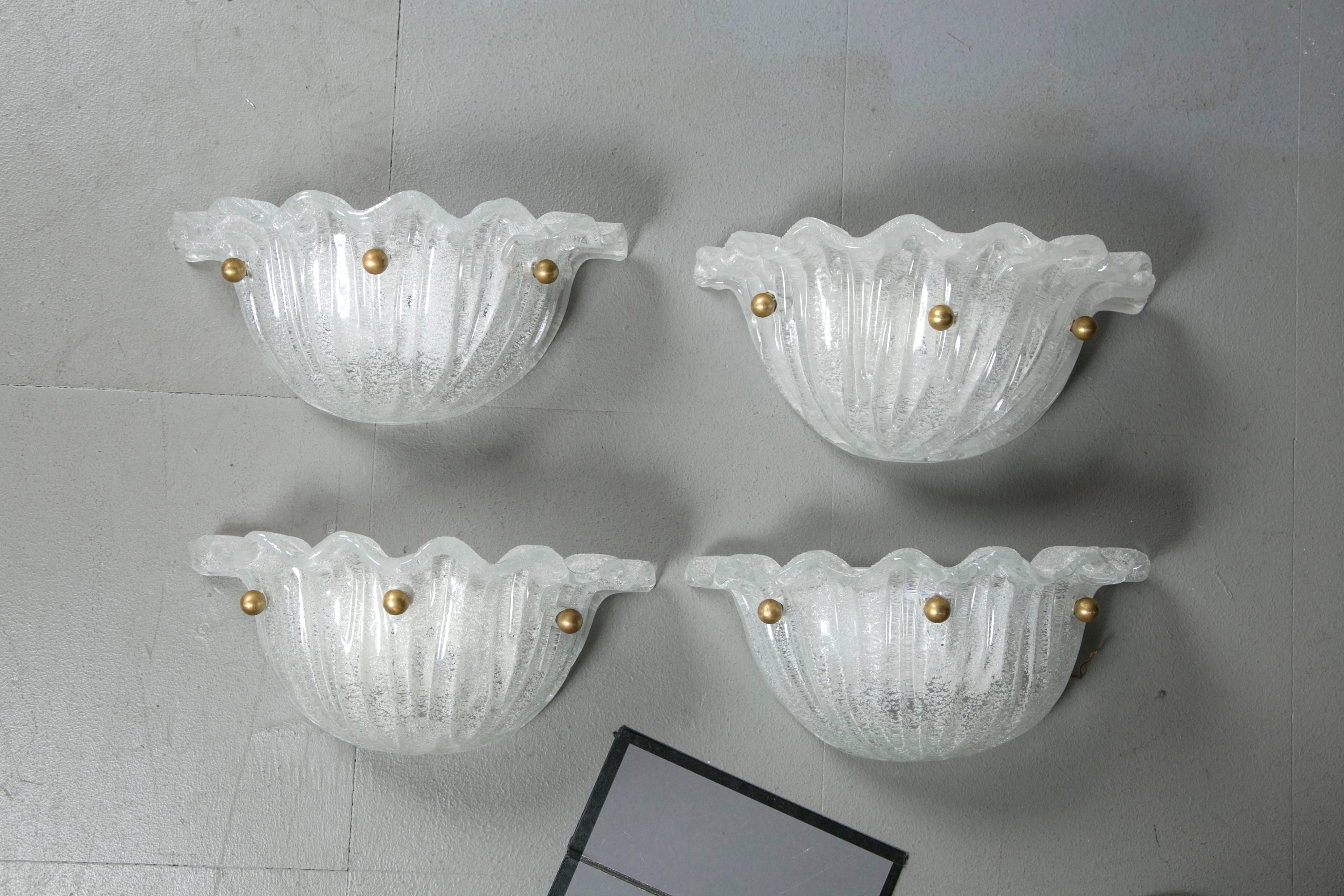 Murano glass shell sconces two pair available priced per pair, circa 1940s.