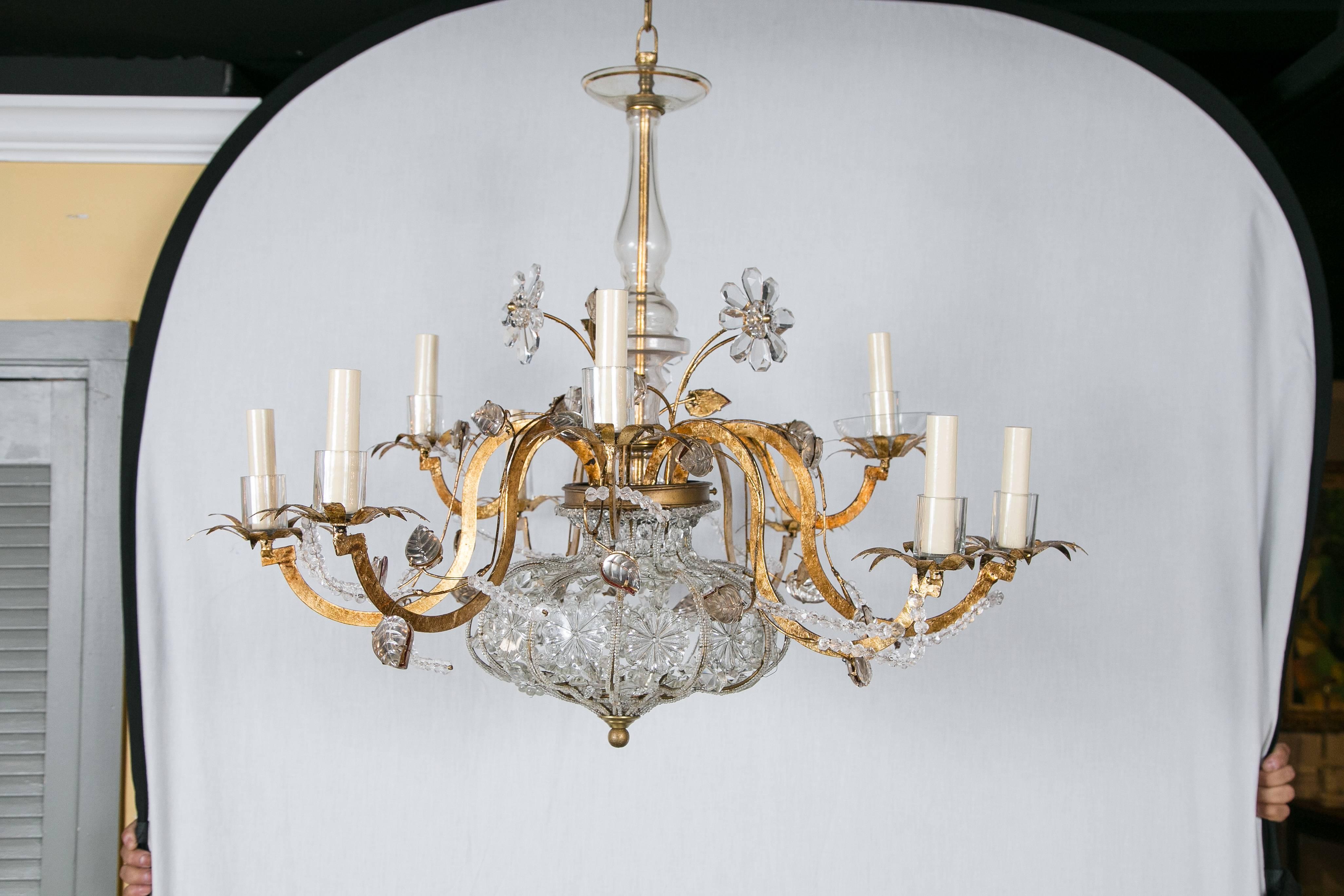 French gilt and crystal nine-light chandelier.