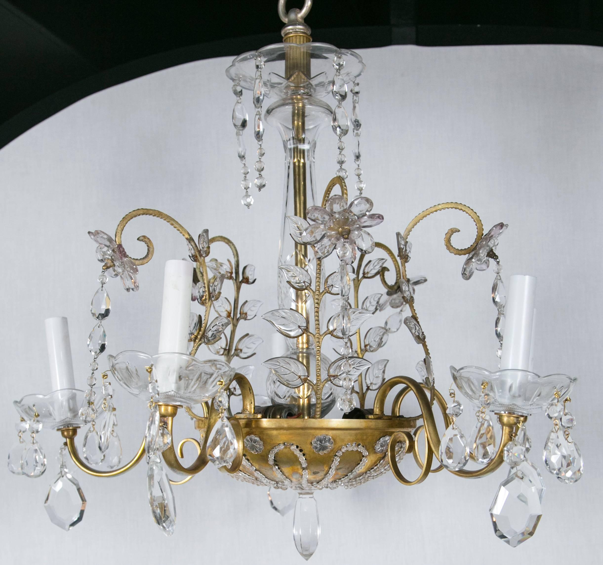 French Baguès chandelier, five light gilt and crystal, circa 1930s.