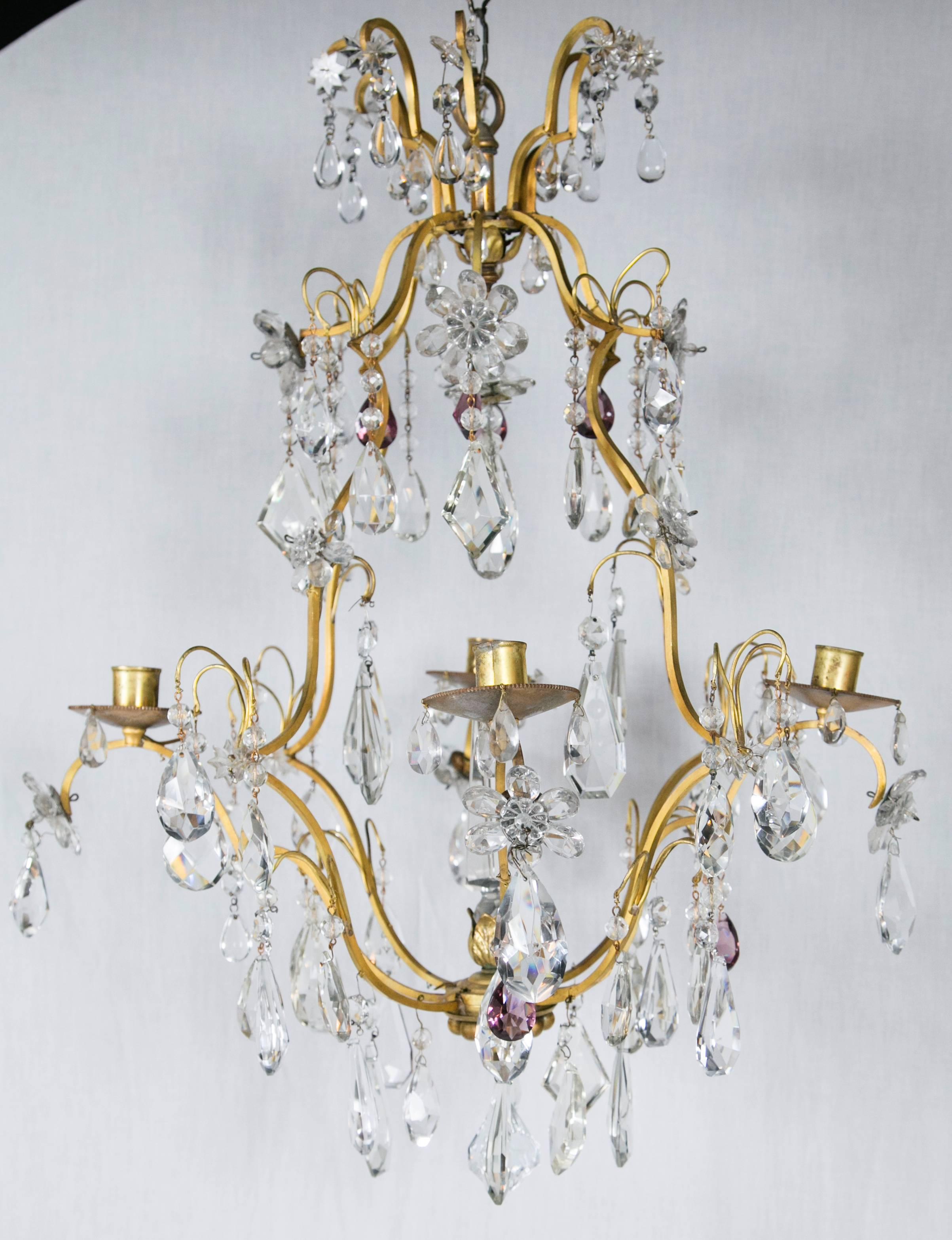 French Baguès gilt bronze and crystal chandelier, circa 1930s.