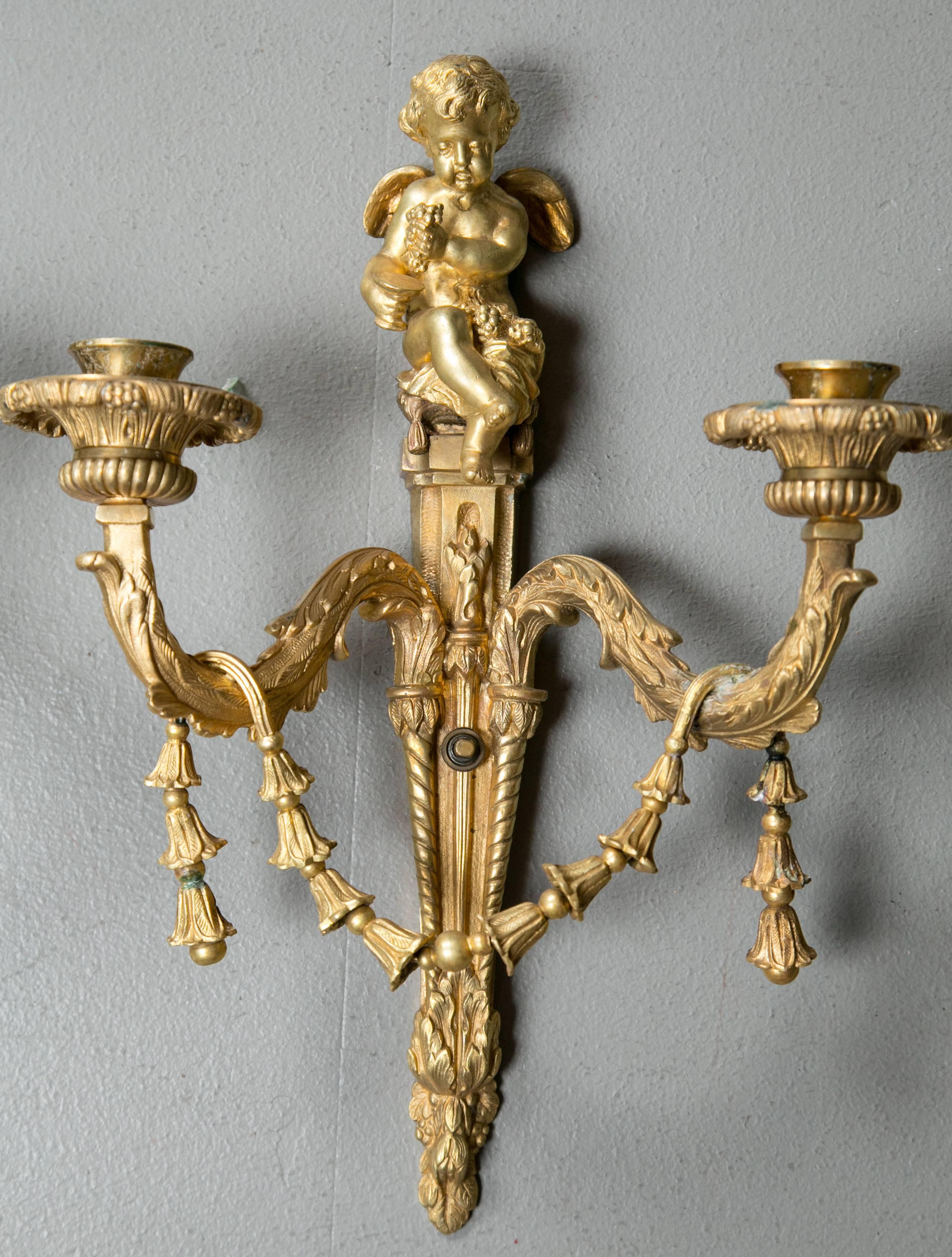 American Pair of Gilt Bronze Sconces For Sale