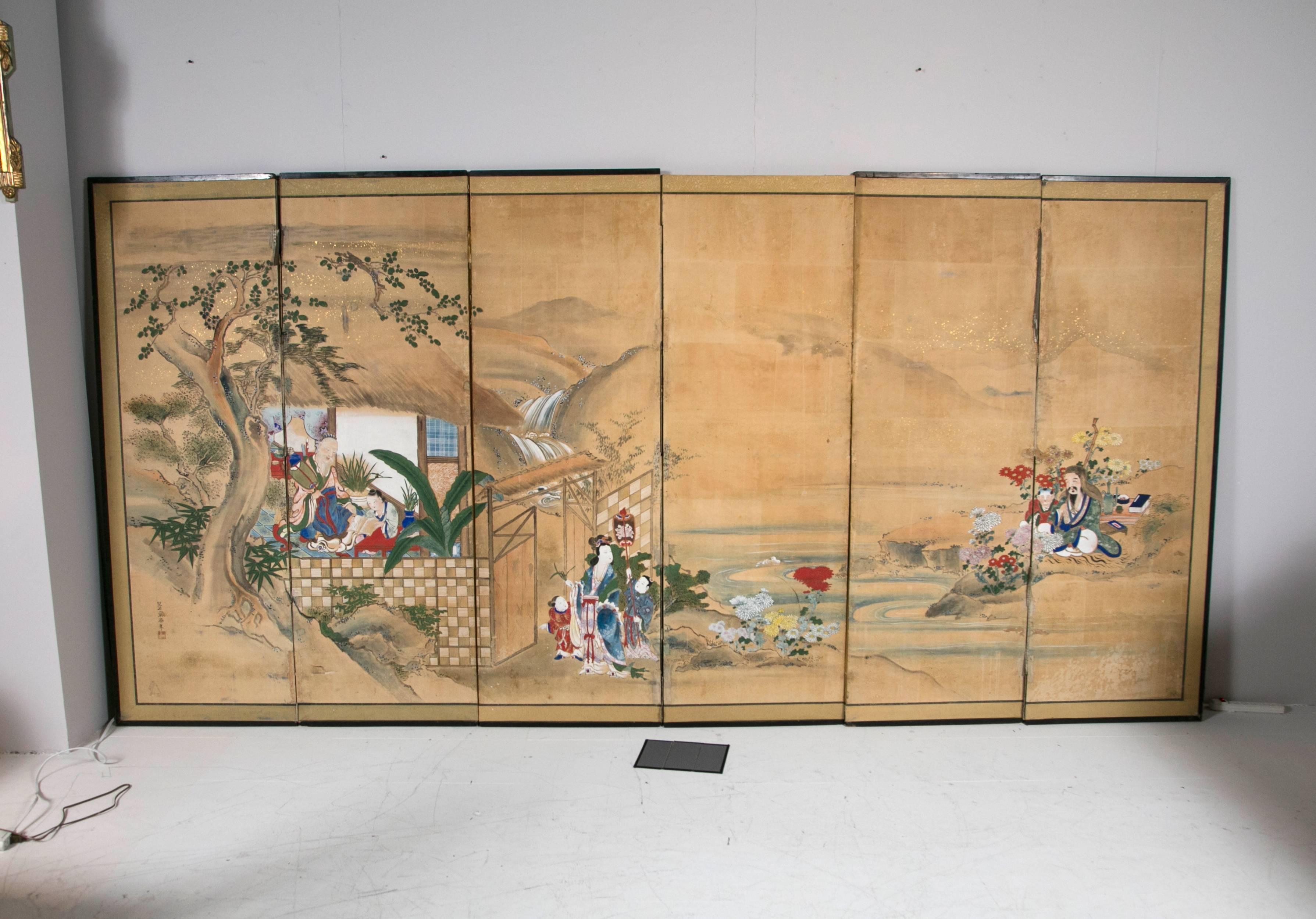A beautiful six-panel 18th century Japanese hand-painted screen very large needs some restoration.