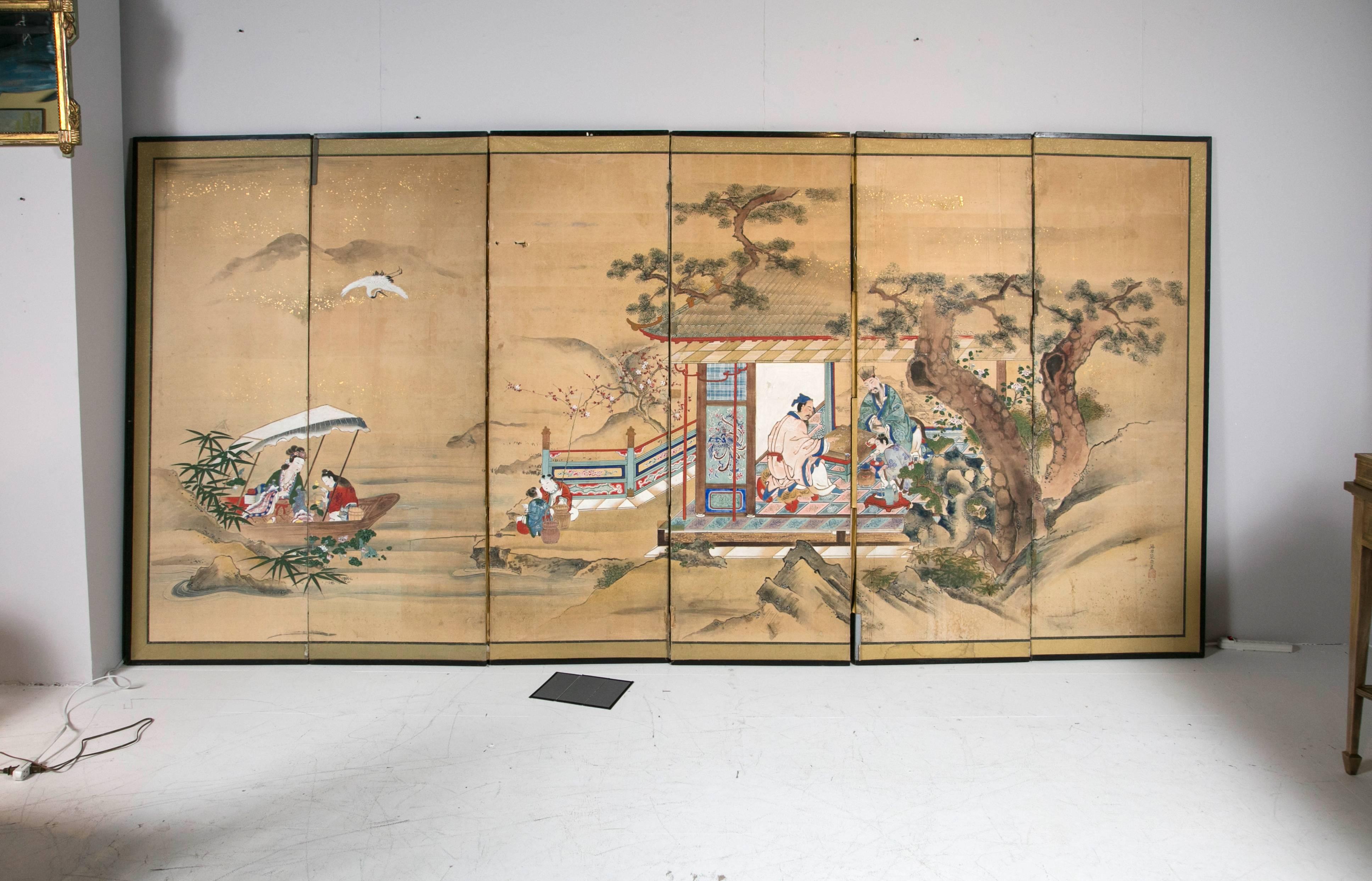 Stunning 18th century Japanese screen hand-painted great detail. Needs some restoration.