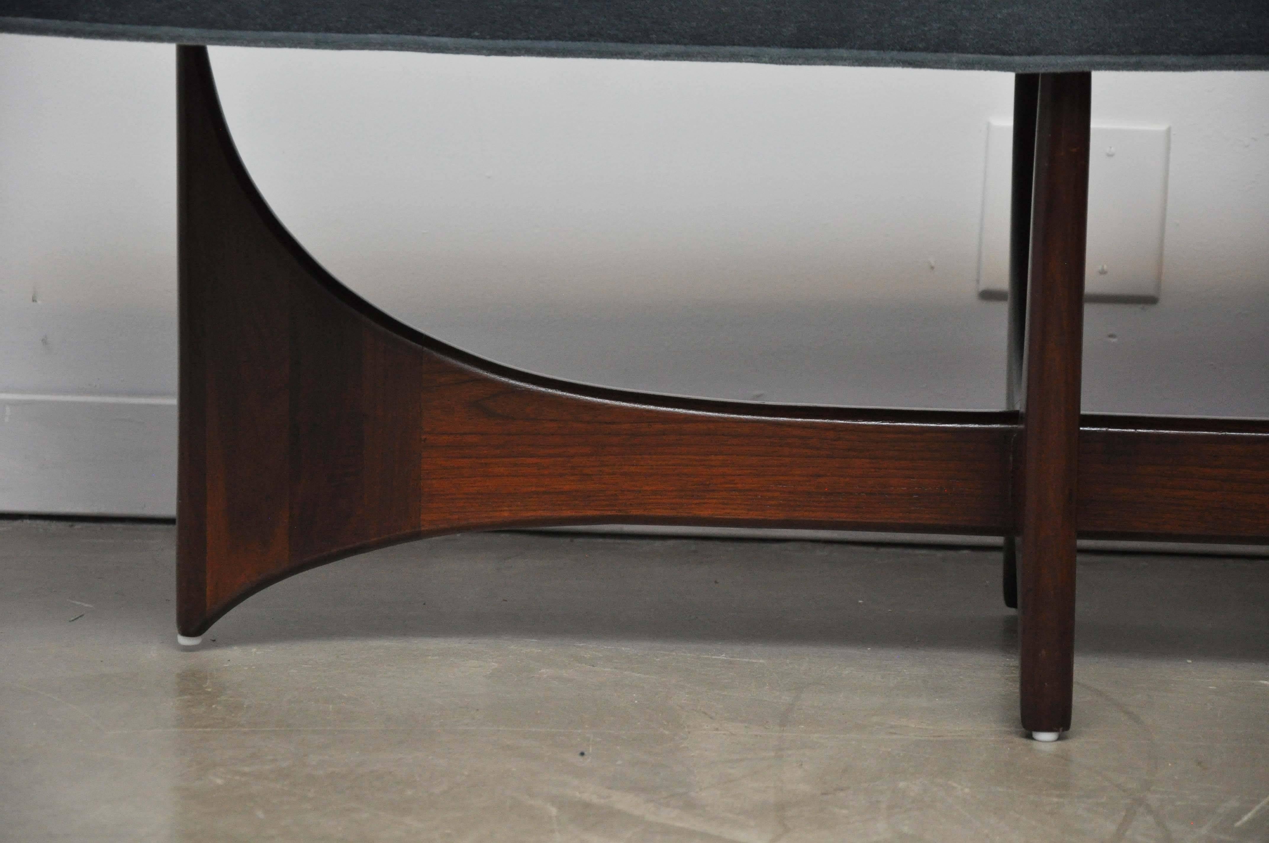 Sculptural Mid-Century Walnut Bench in Blue Mohair In Excellent Condition In Chicago, IL