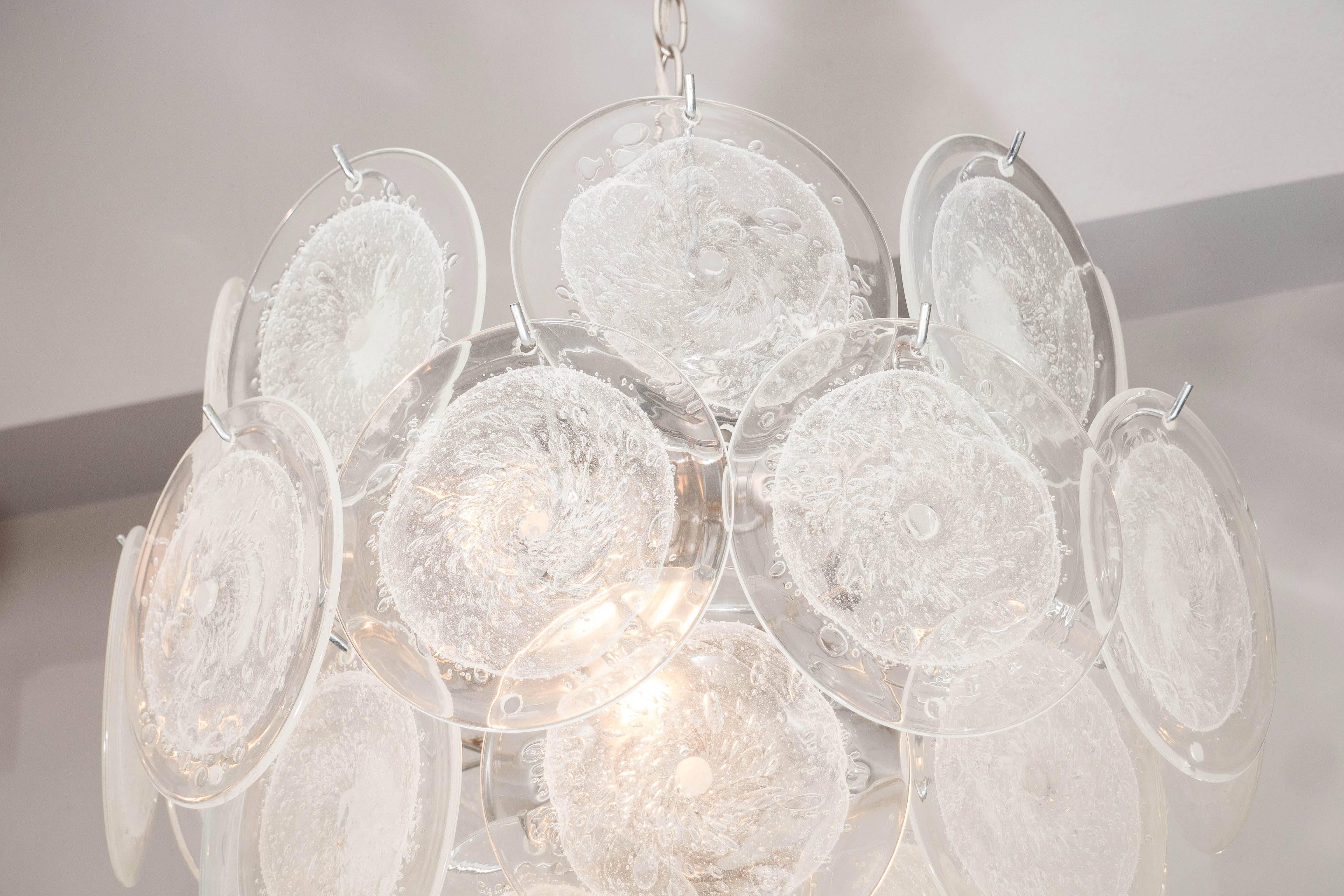 Italian Clear Pulegoso Murano Glass Disc Chandelier For Sale