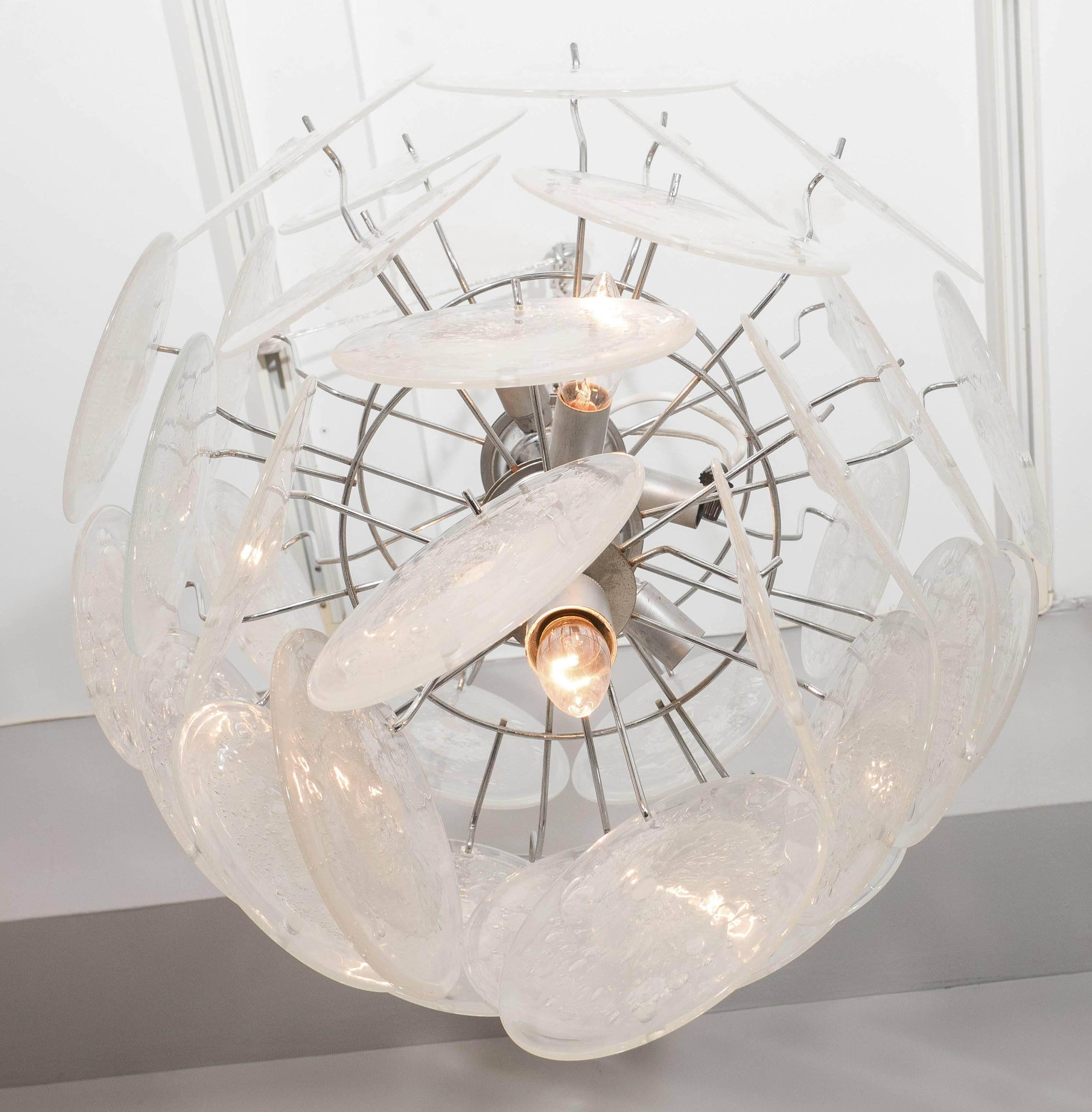 Modern Clear Pulegoso Murano Glass Disc Chandelier For Sale