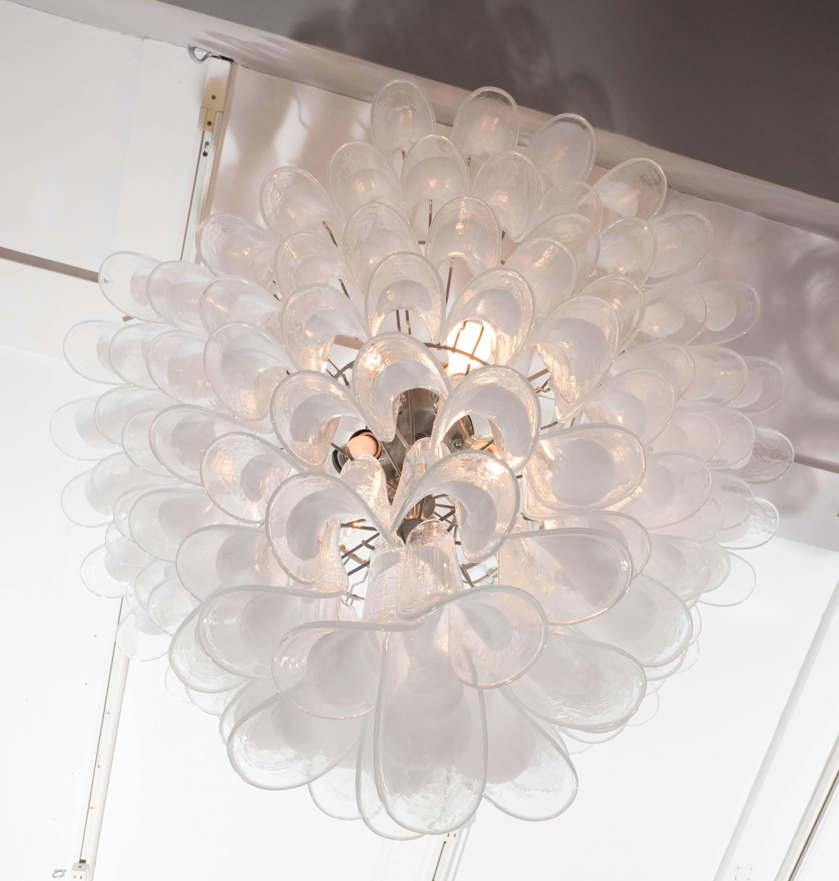 Custom Huge Mazzega White and Clear Glass Petal Chandelier In New Condition For Sale In New York, NY