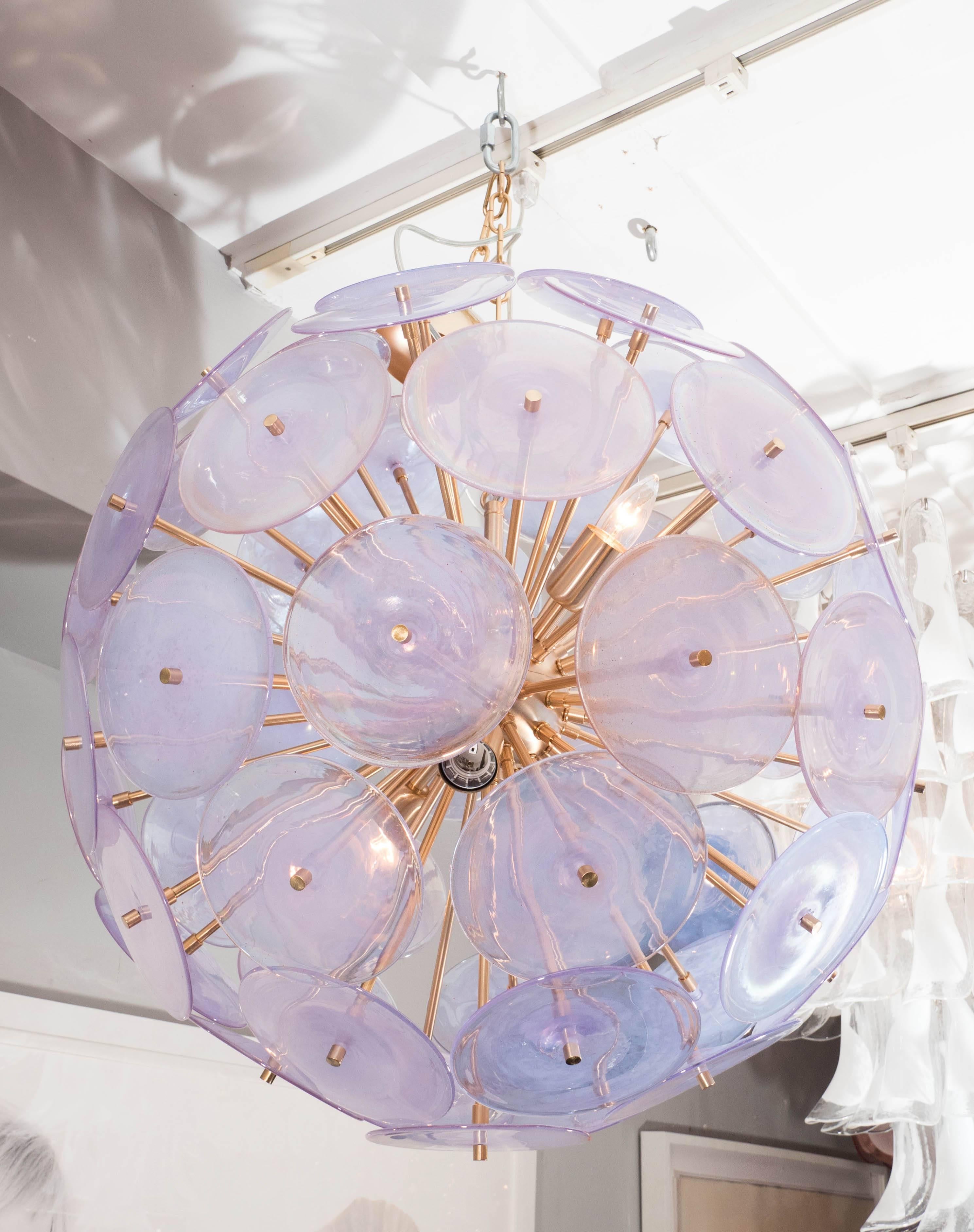 Custom Alex Iridescent Murano glass disc Sputnik chandelier with brass frame and in 24